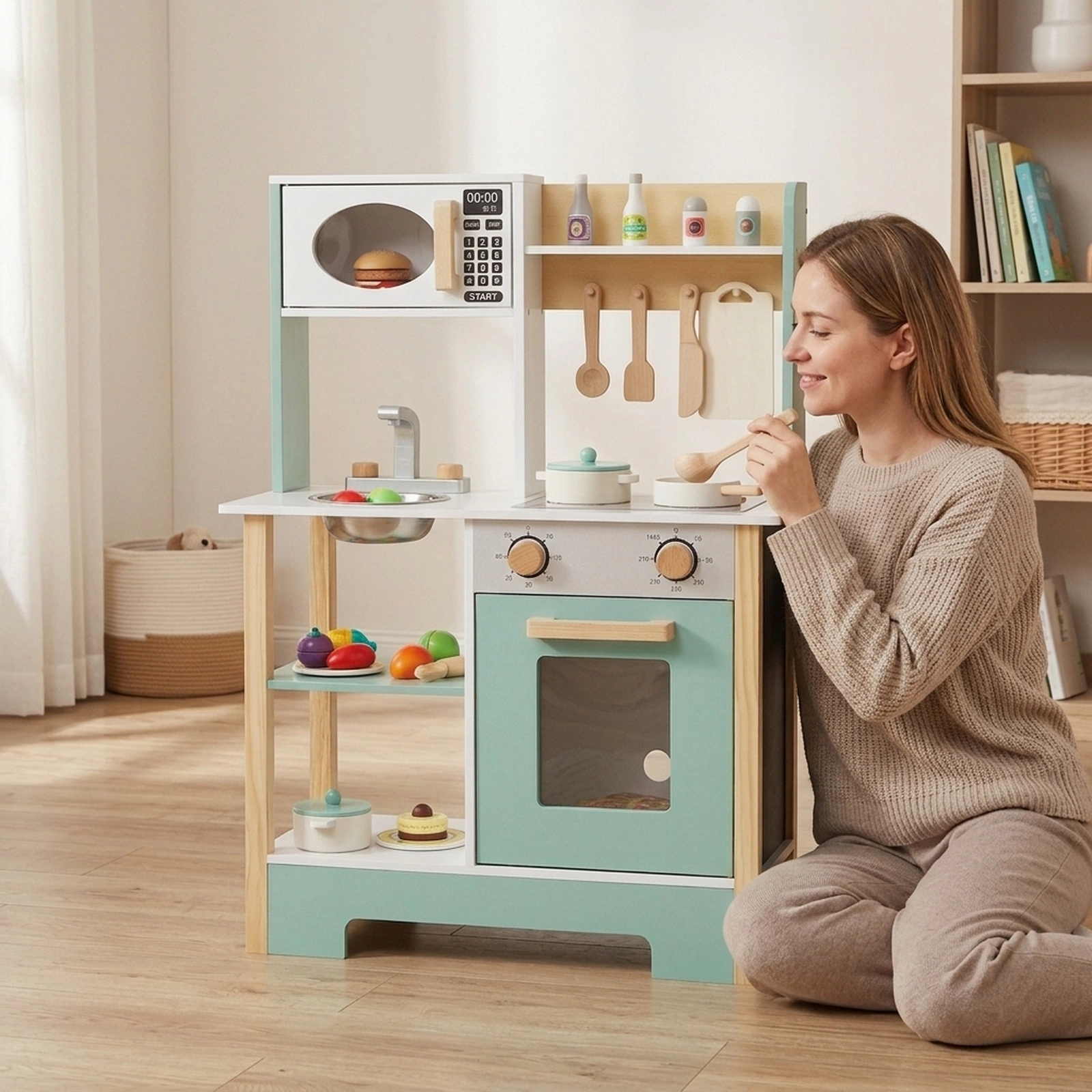 Wooden Play Kitchen with Built-In Chalkboard Dish Rack Spice Rack and 4 Hooks 24-in x 10-in x 33.5-in Green
