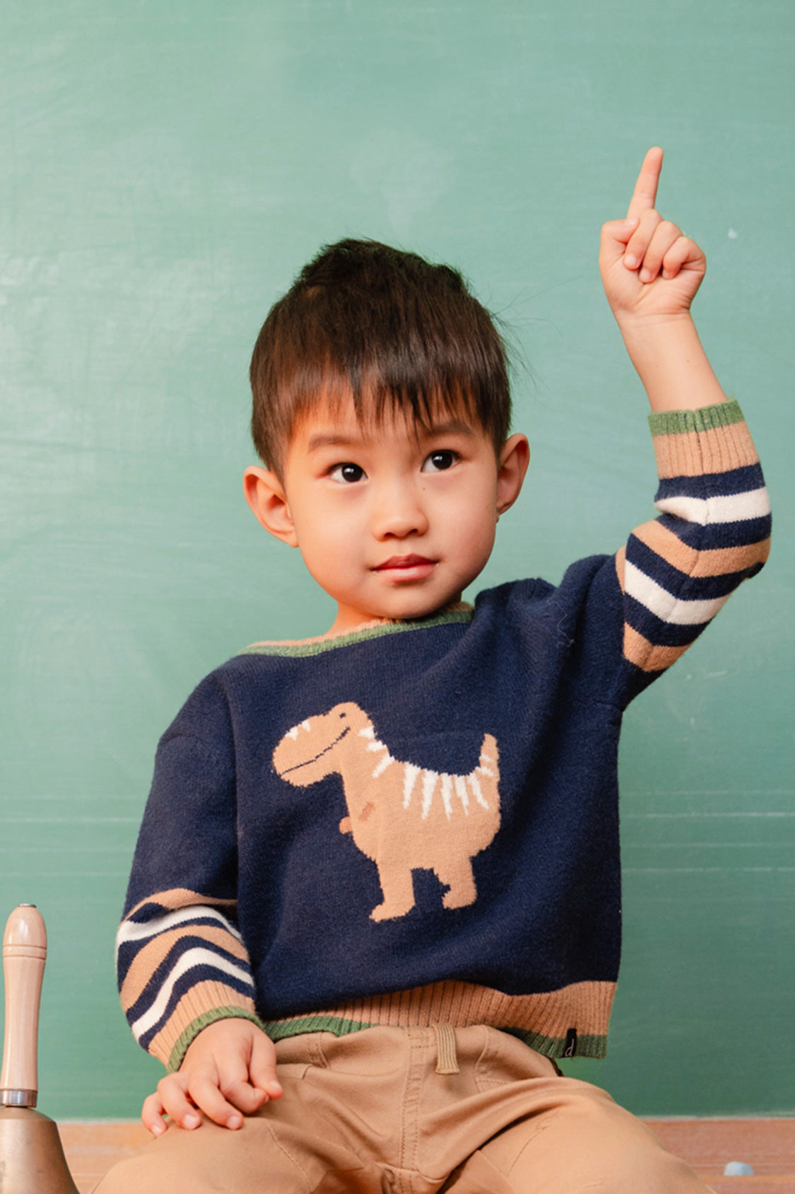 Deux par Boys Knit Crewneck Sweater with Dino Intarsia and Striped Ribbed Trim