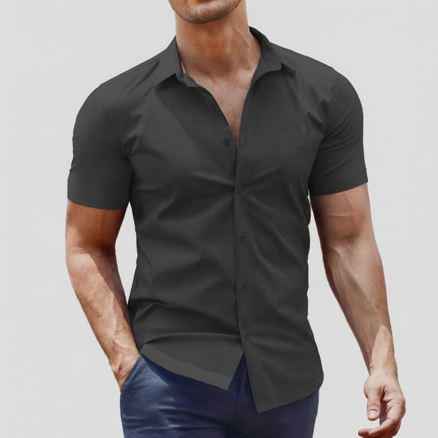 COOFANDY Mens Short Sleeve Button Down Shirts Lapel Collar Chest Pocket Casual Tops