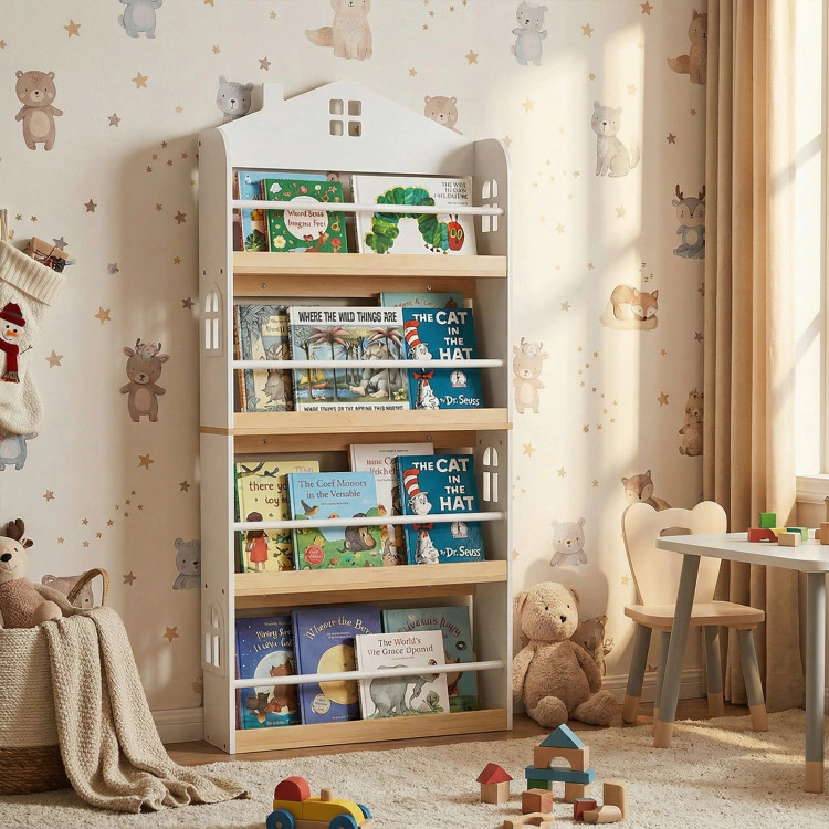 Hivvago House-Shaped Kids Bookshelf with Anti-falling Baffles