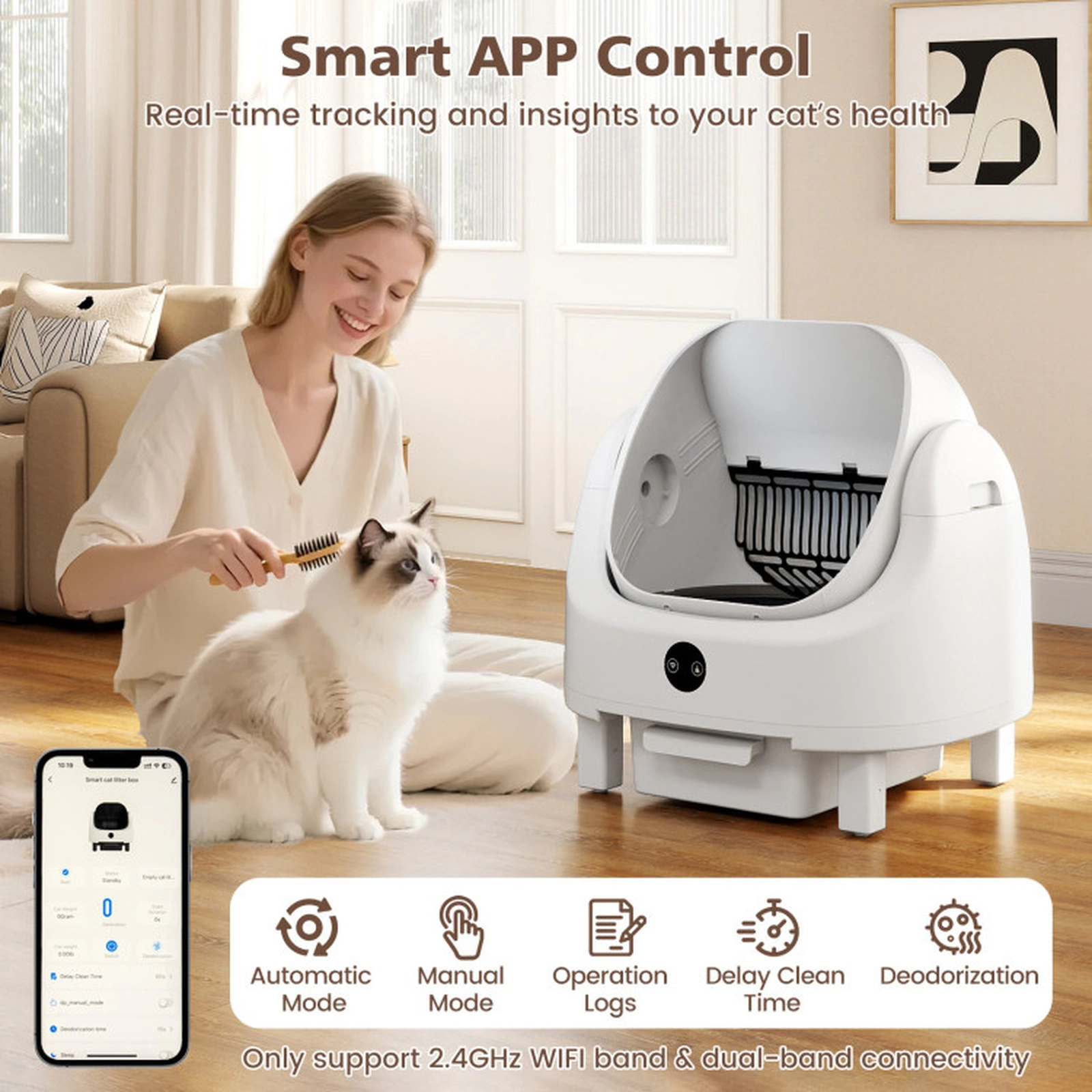 SUGIFT Open-Top Self-Cleaning Cat Litter Box with APP Control 3.5-24 lb Cats 2 Gal Waste Bin White