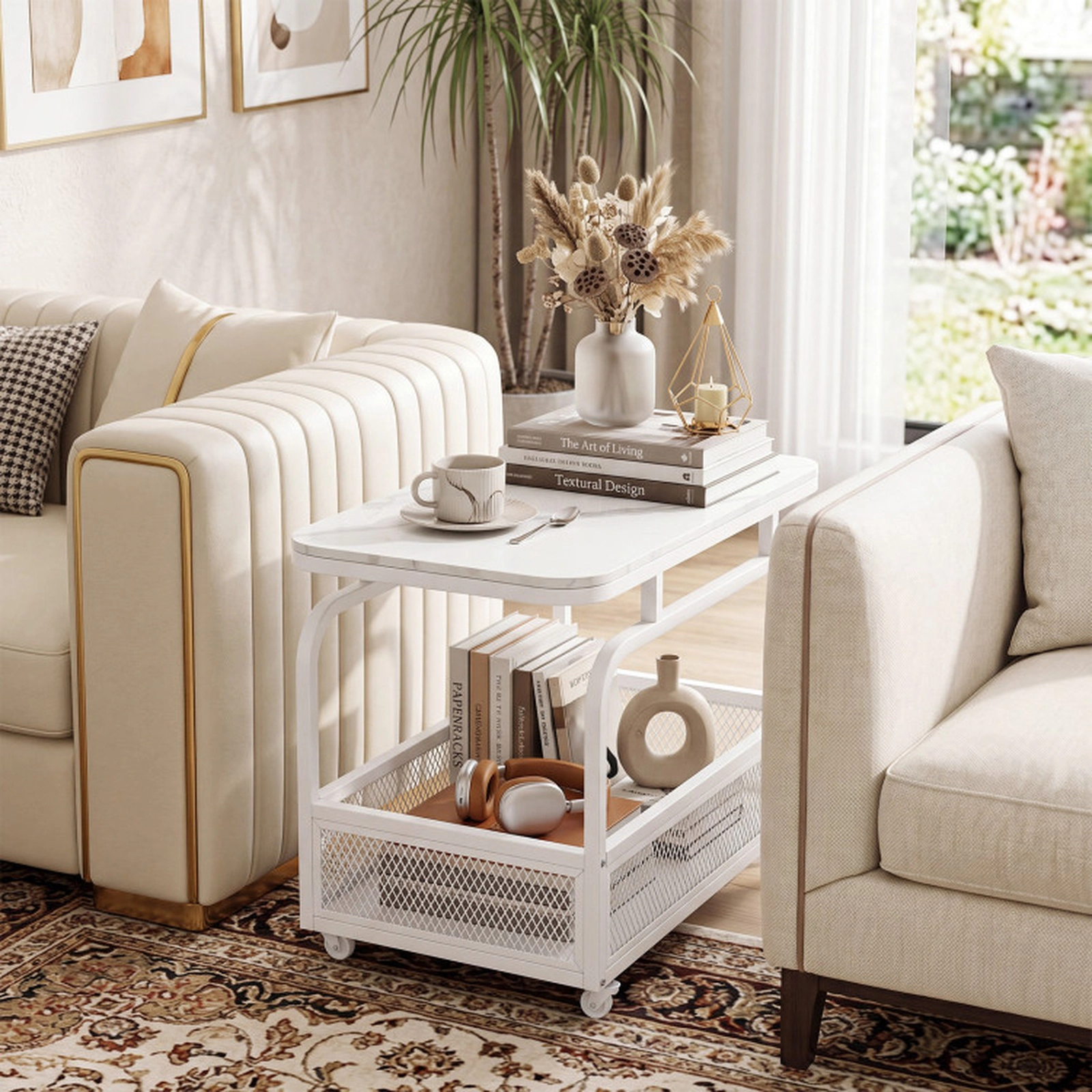 SUGIFT 31.5 in Rolling Side Table White with Faux Marble Top and Mesh Storage Basket