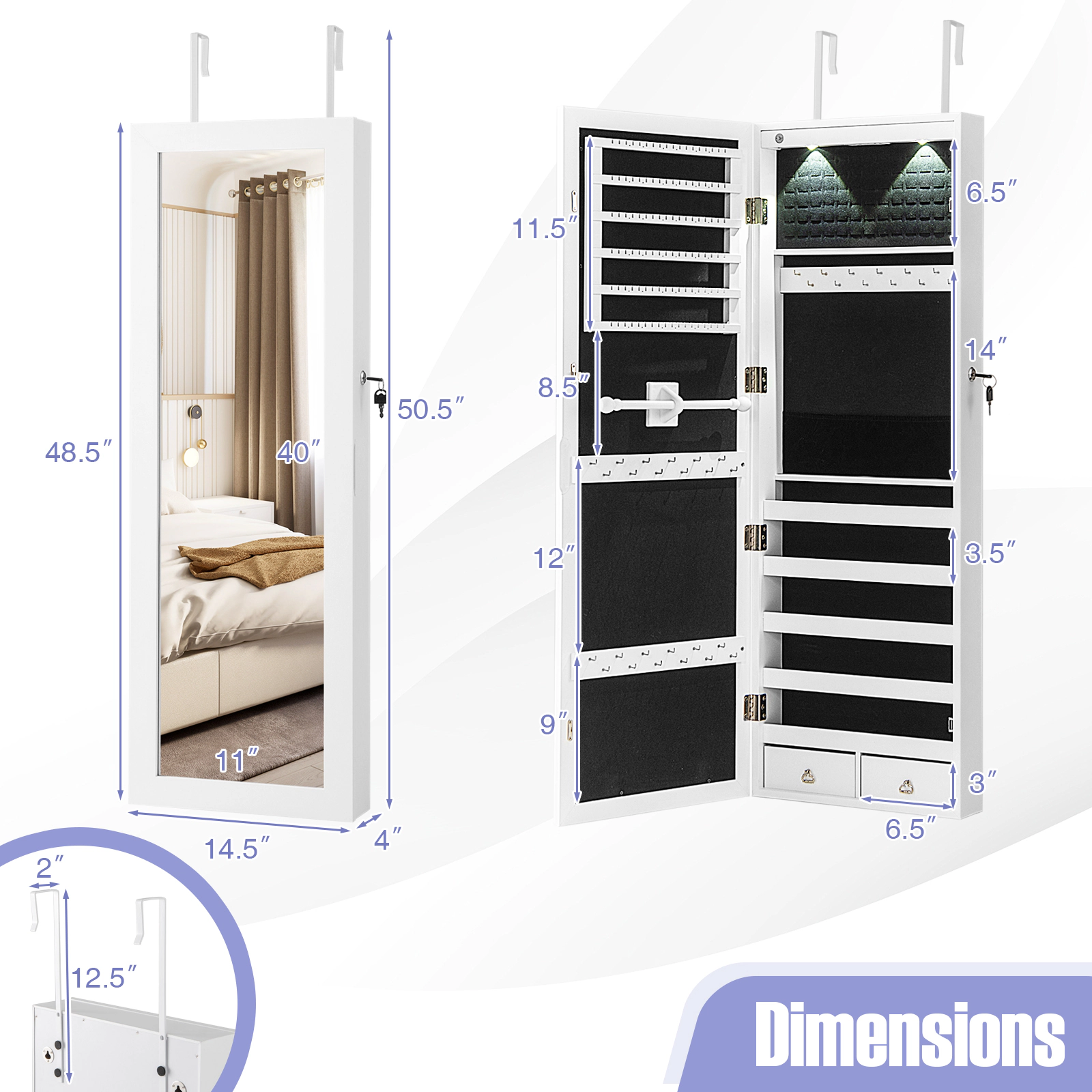 Slickblue Full Length Mirror Jewelry Organizer Cabinet 43in White MDF LED Light Storage Box