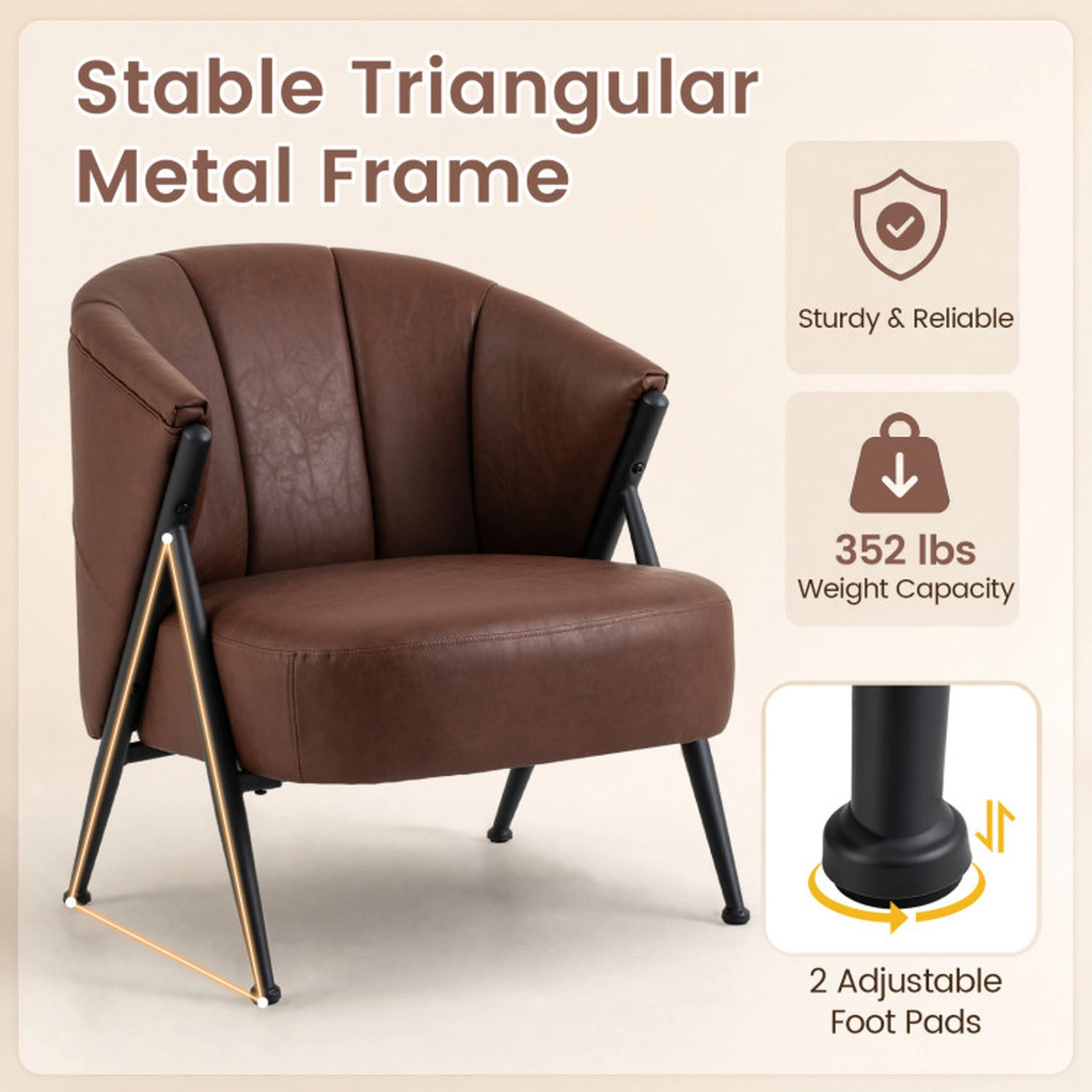 SUGIFT Mid Century Modern Accent Chair with Curved Backrest and Wide 23.5 x 21 in Seat 352-lb Capacity Brown