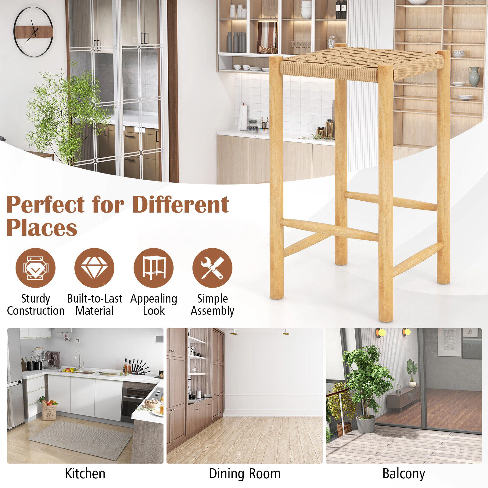 Glintex 2-Piece Woven Paper Rope Counter Stool Set with Rubber Wood Frame, Natural