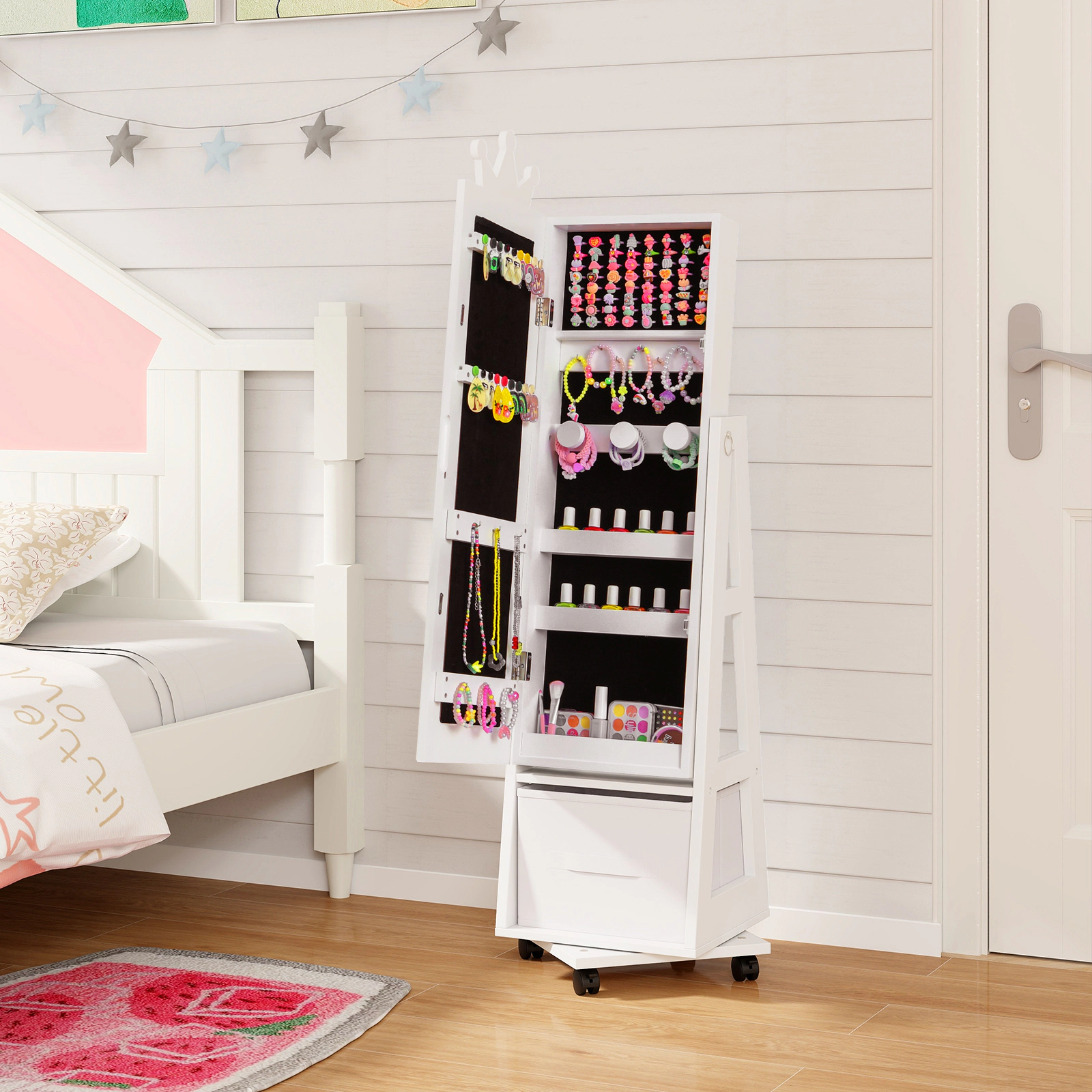 SUGIFT Kids Jewelry Armoire Cabinet with Full-Length Mirror Swivel Base and Lockable Wheels for Bedroom