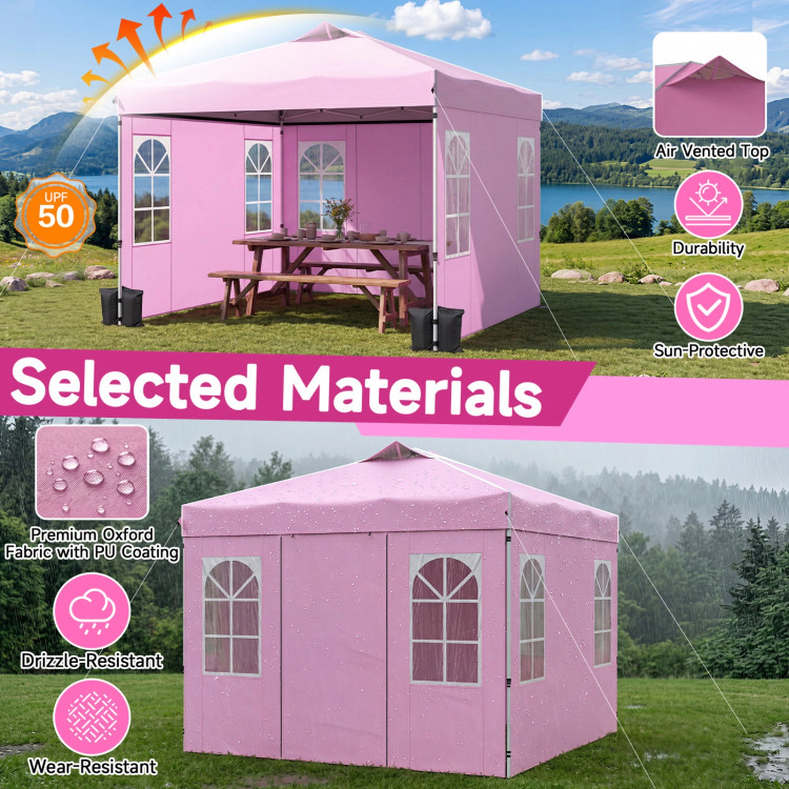 SUGIFT Pop Up Canopy Tent with 4 Sidewalls Adjustable Height Waterproof 10 x 10-ft Pink