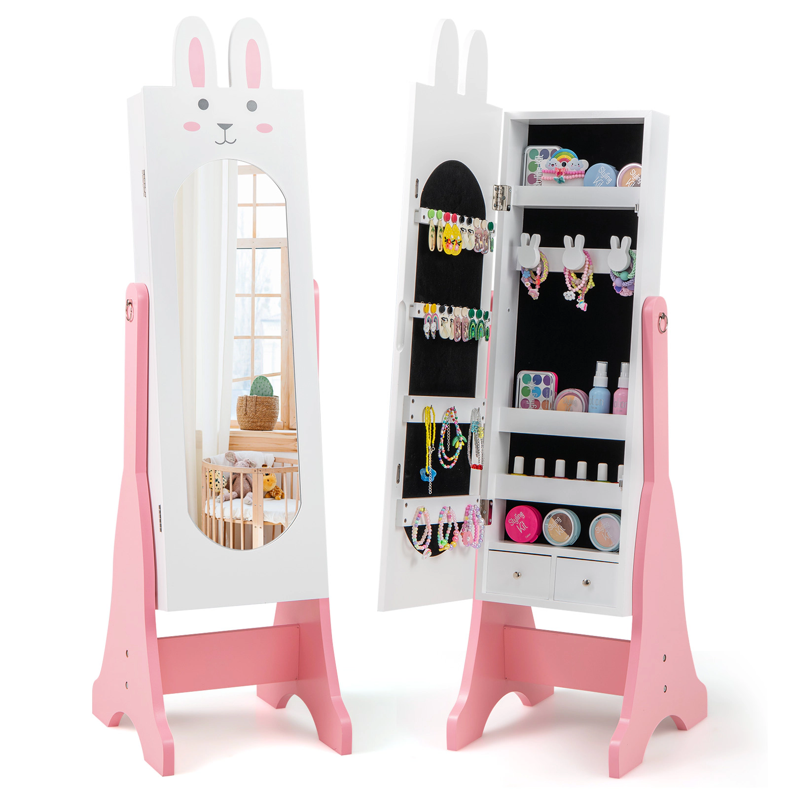 SUGIFT 45-in Kids Dress-Up Mirror Cabinet Full-Length Jewelry Armoire with 2 Tilt Angles Hooks and Drawers