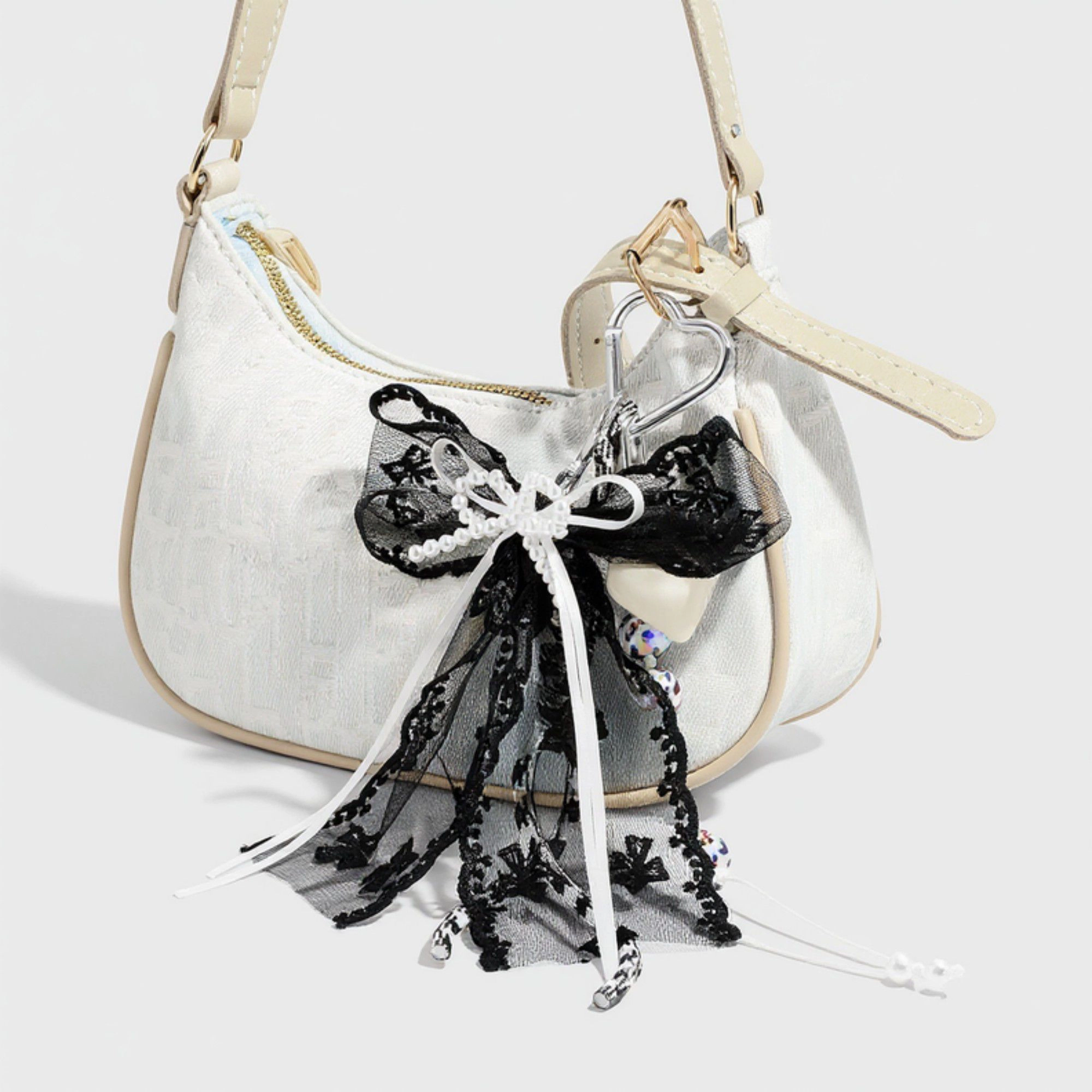 Alilang Women's Black Lace Bow Keychain with Heart Clasp and Beaded Ribbon Details