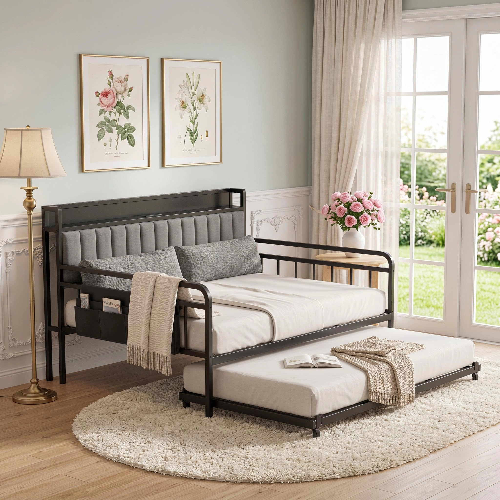 Metal Daybed with Trundle, Upholstered Storage Headboard, Charging Station, LED Lights and Lockable Casters