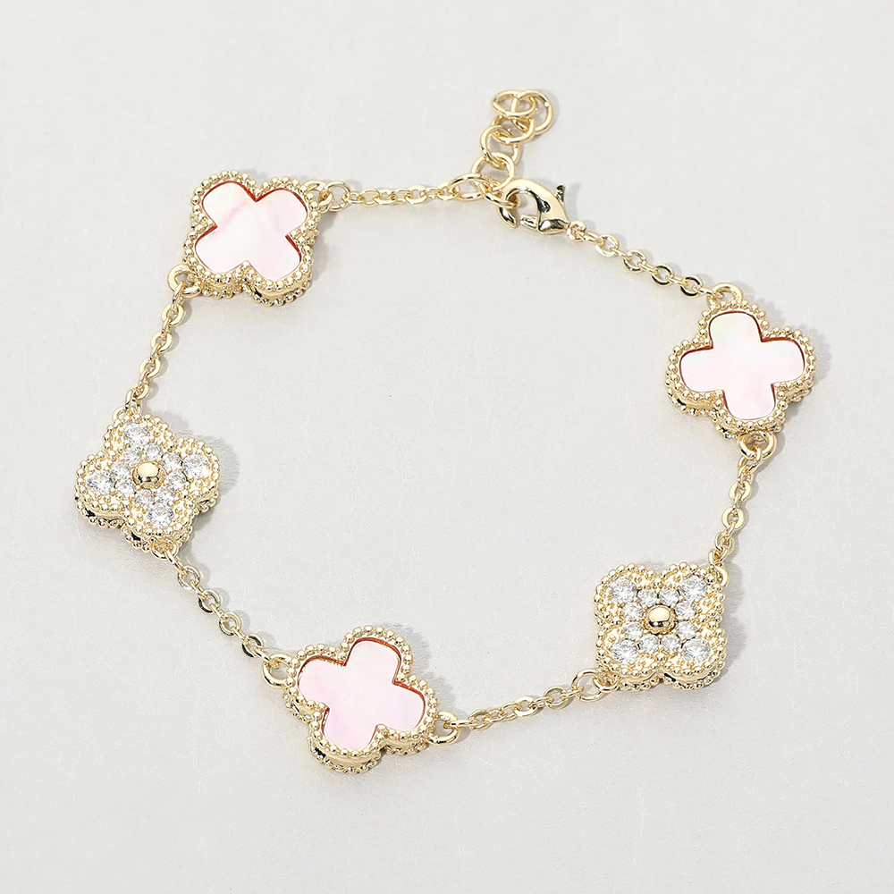 FASHNZFAB 14K Gold Plated CZ Quatrefoil Charm Link Station Bracelet