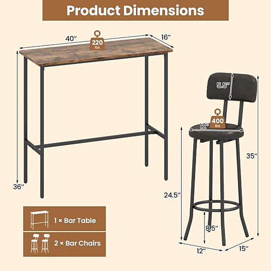 Hivvago 3-Piece Industrial Bar Table Set With 2 Upholstered Stools And Footrests For Dining Room