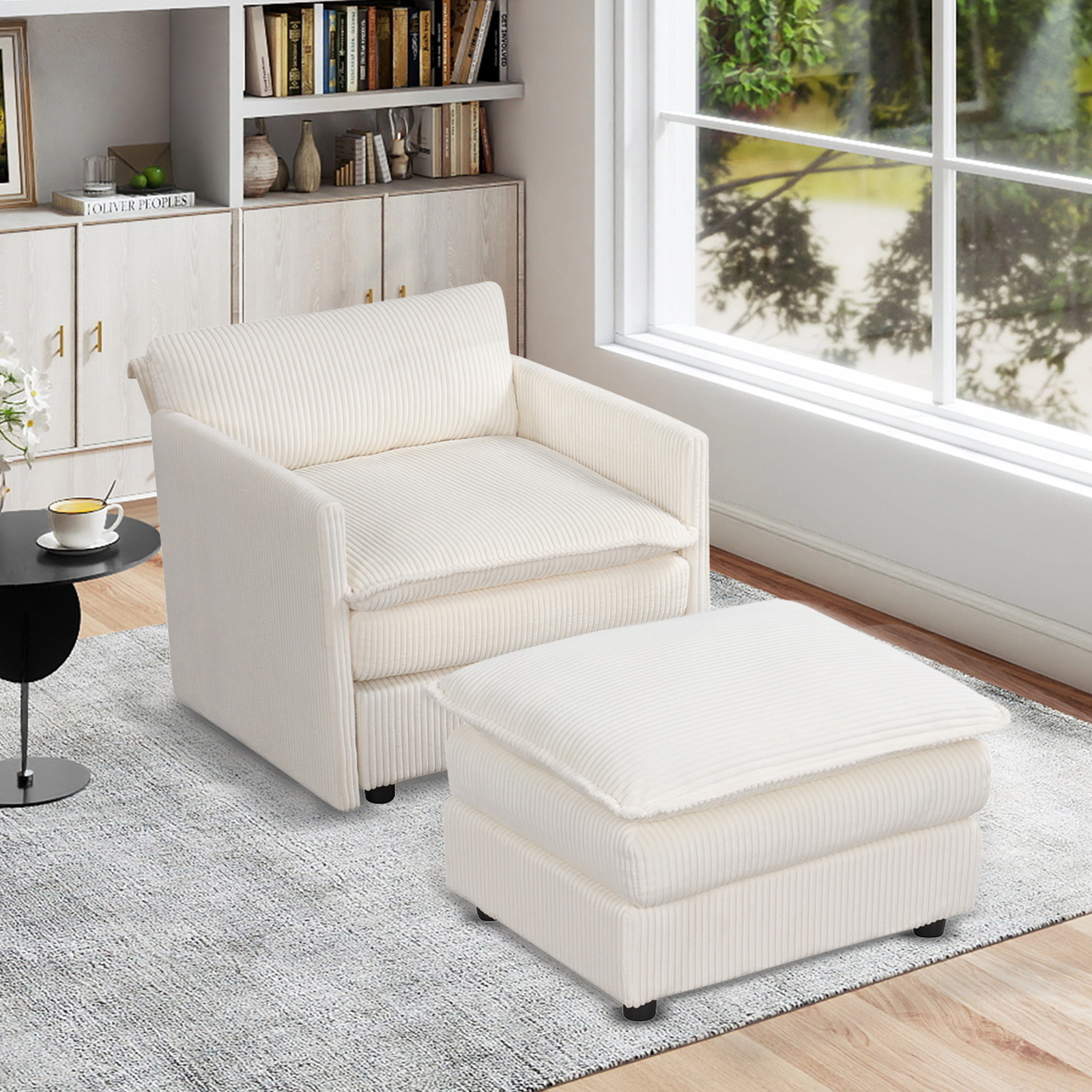 SUGIFT Oversized Beige Corduroy Accent Chair with Ottoman, Deep Seat