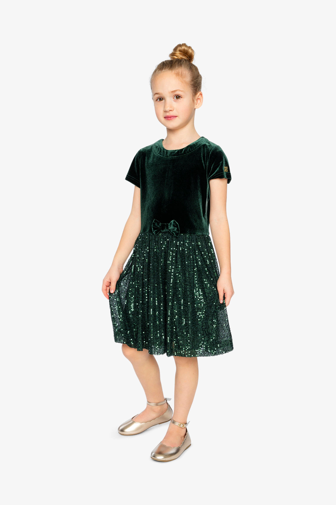 Deux par Girls Bi-Material Short Sleeve Dress with Glittering Skirt