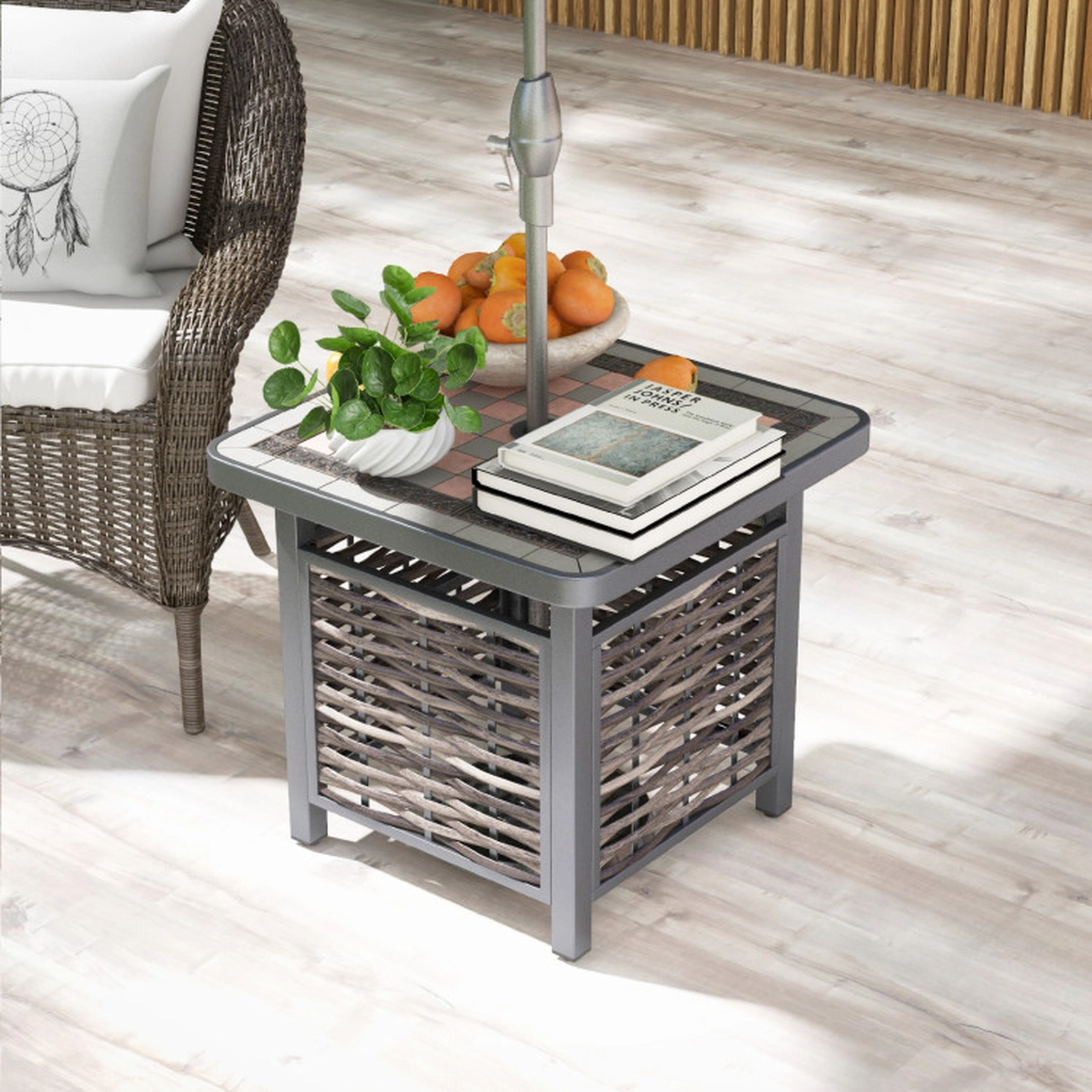 SUGIFT 21.5-in Square PE Rattan Resin Side Table End Table with 1.5-in Umbrella Hole 110-lb Capacity Black & Brown
