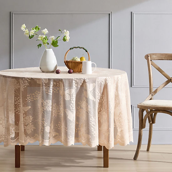 HLC.ME Butterfly Floral Scalloped Lace Fabric Wrinkle Resistant Tablecloth