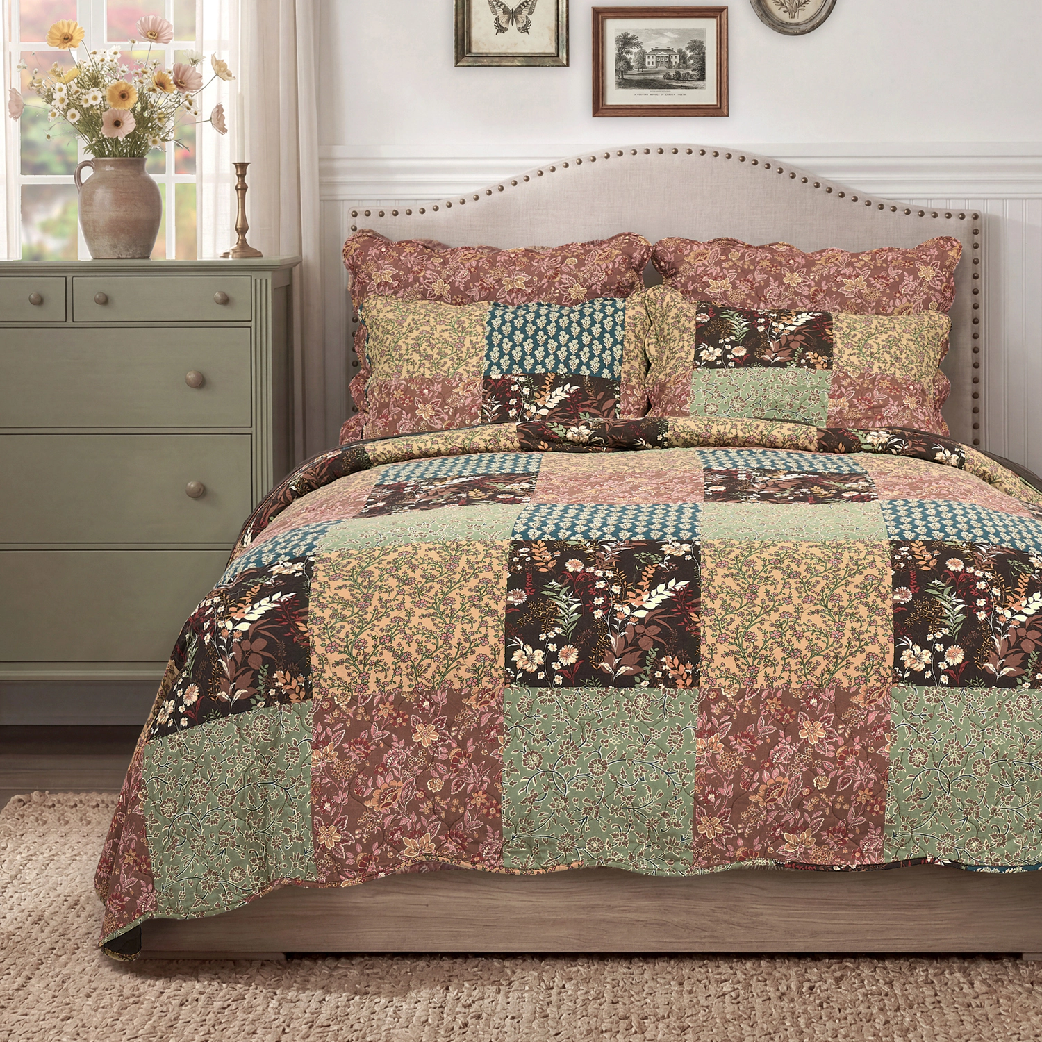 Greenland Home Fashions Hazel 100% Cotton Reversible Lightweight Quilt Set 3 PC