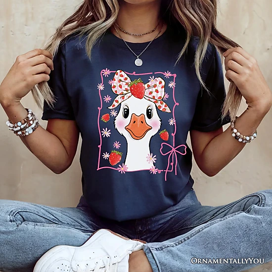 OrnamentallyYou Womens Coquette Goose With Strawberry Bow T-Shirt