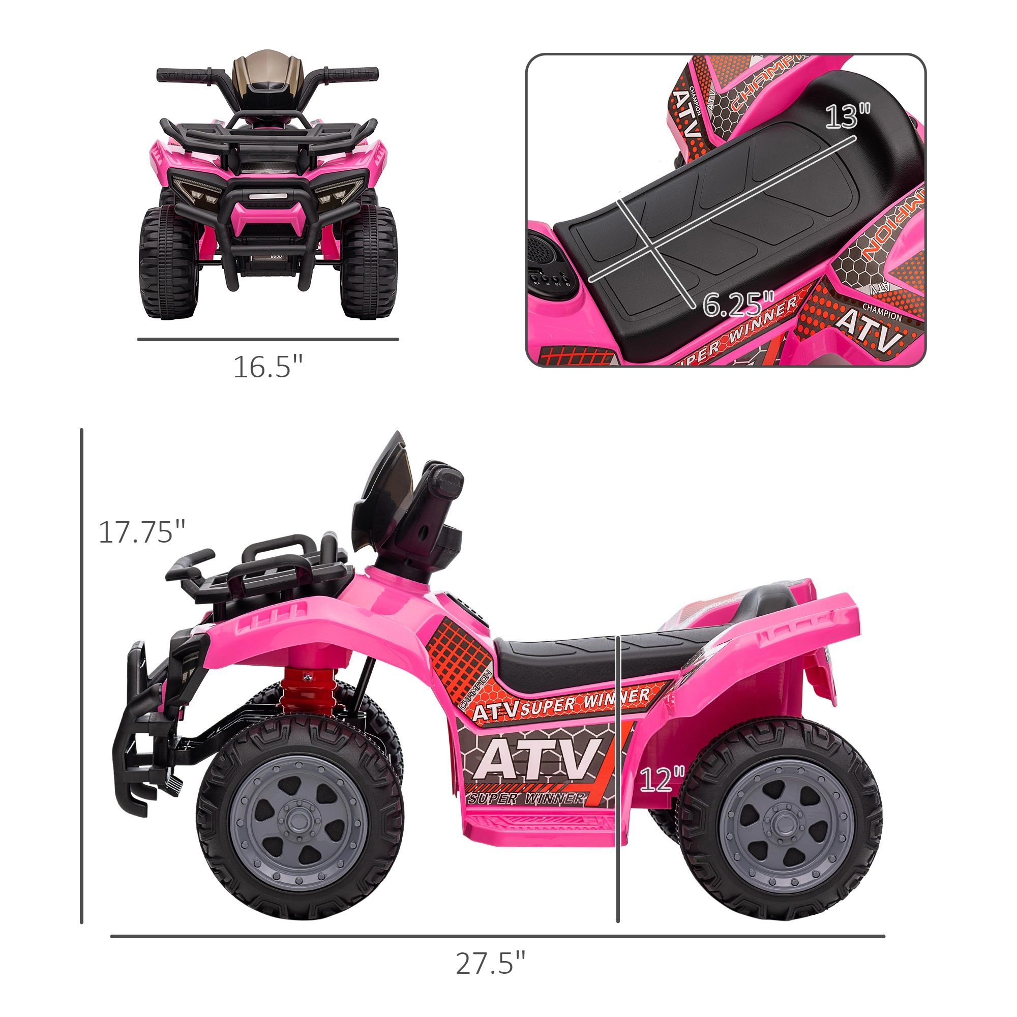 HONGGE 6V Kids ATV Ride-On Toy Car with Music and Handlebar Button Drive for Toddlers 18-36 Months, Pink