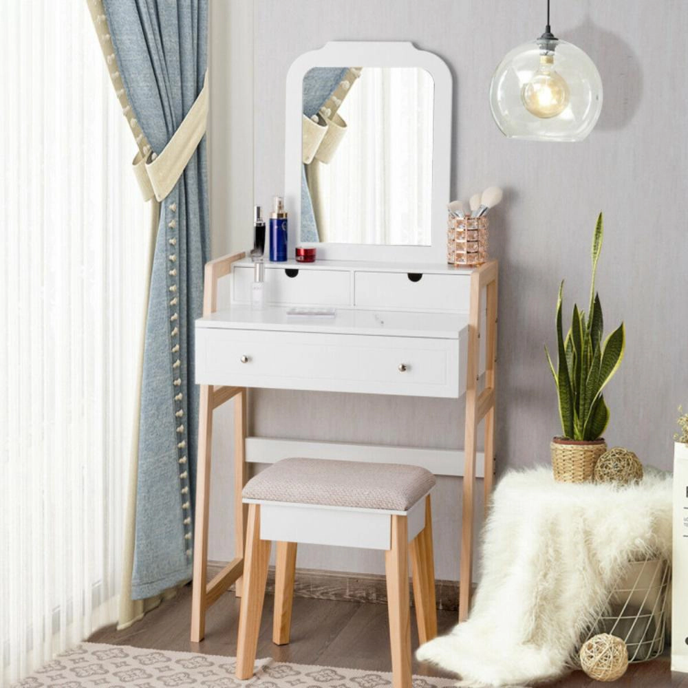 Hivvago Vanity Table Set With Cushioned Stool And Large Mirror