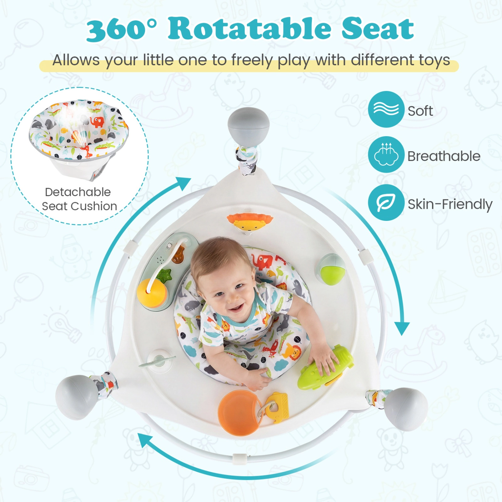 SUGIFT Baby Jump and Play Activity Center Rotatable Seat 4 Play Stations 26.5-lb Capacity Ages 7-15 Months Blue/White
