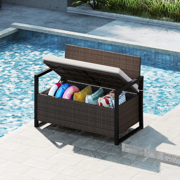 SUGIFT 2-Seat 40-Gallon Off White Cushion PE Rattan Storage Bench 46-in x 24.5-in x 33.5-in 800-lb Capacity Brown