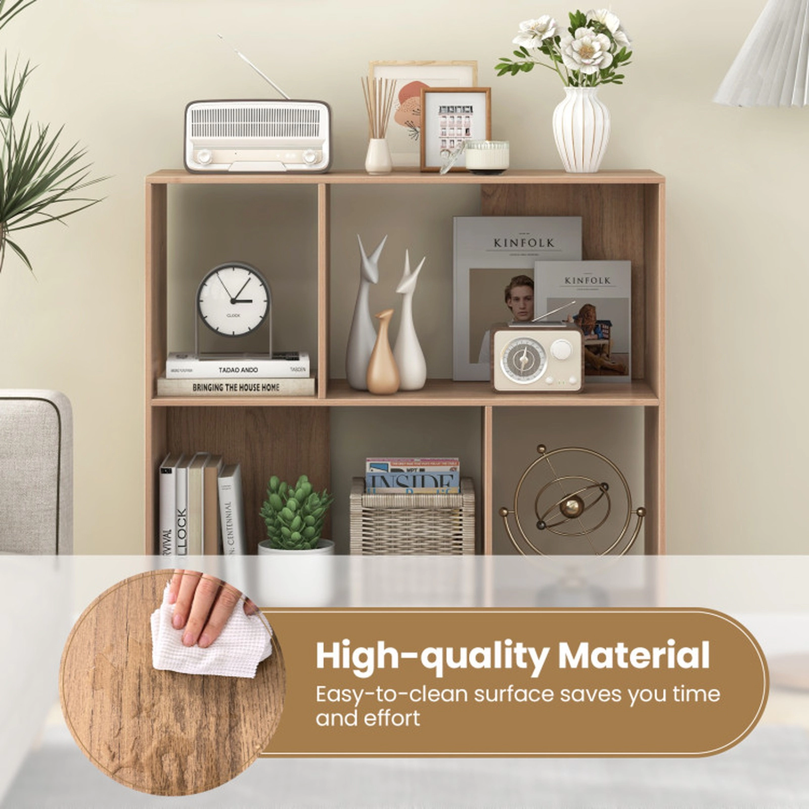 SUGIFT 4-Cube Natural 35.5-in Square Mid-Century Modern Bookshelf with Open Display Shelf and Metal Legs
