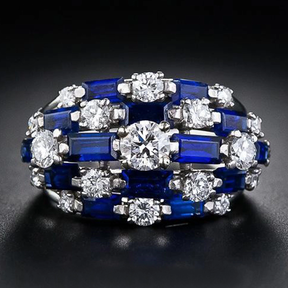 Wardrobe Whimsy Vintage Baguette Blue Sapphire Cubic Zirconia Multilayer Statement Ring