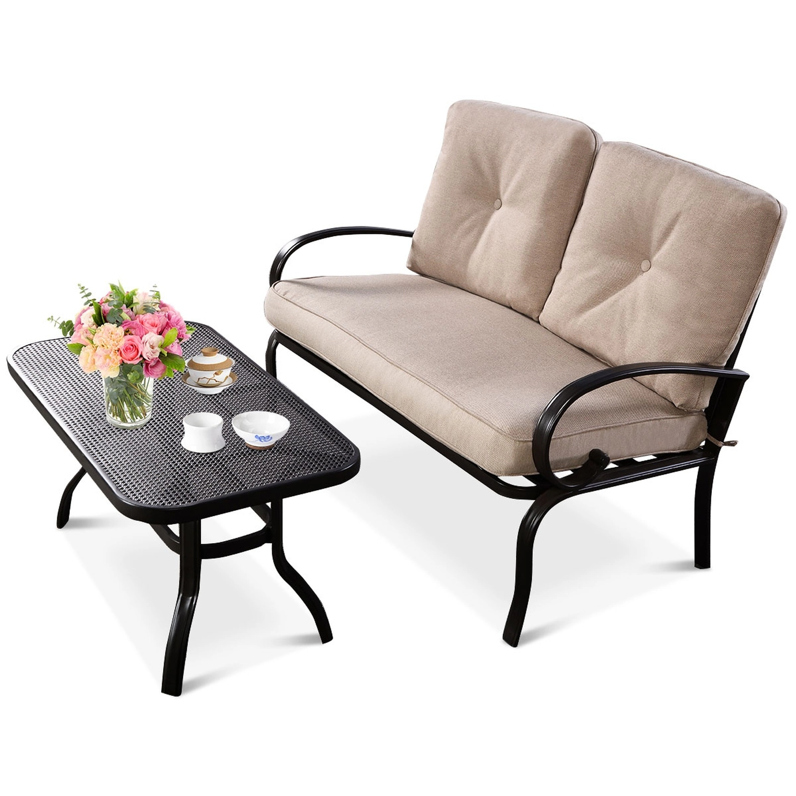 SUGIFT Patio Conversation Loveseat and Coffee Table Set 550-lb Capacity Beige