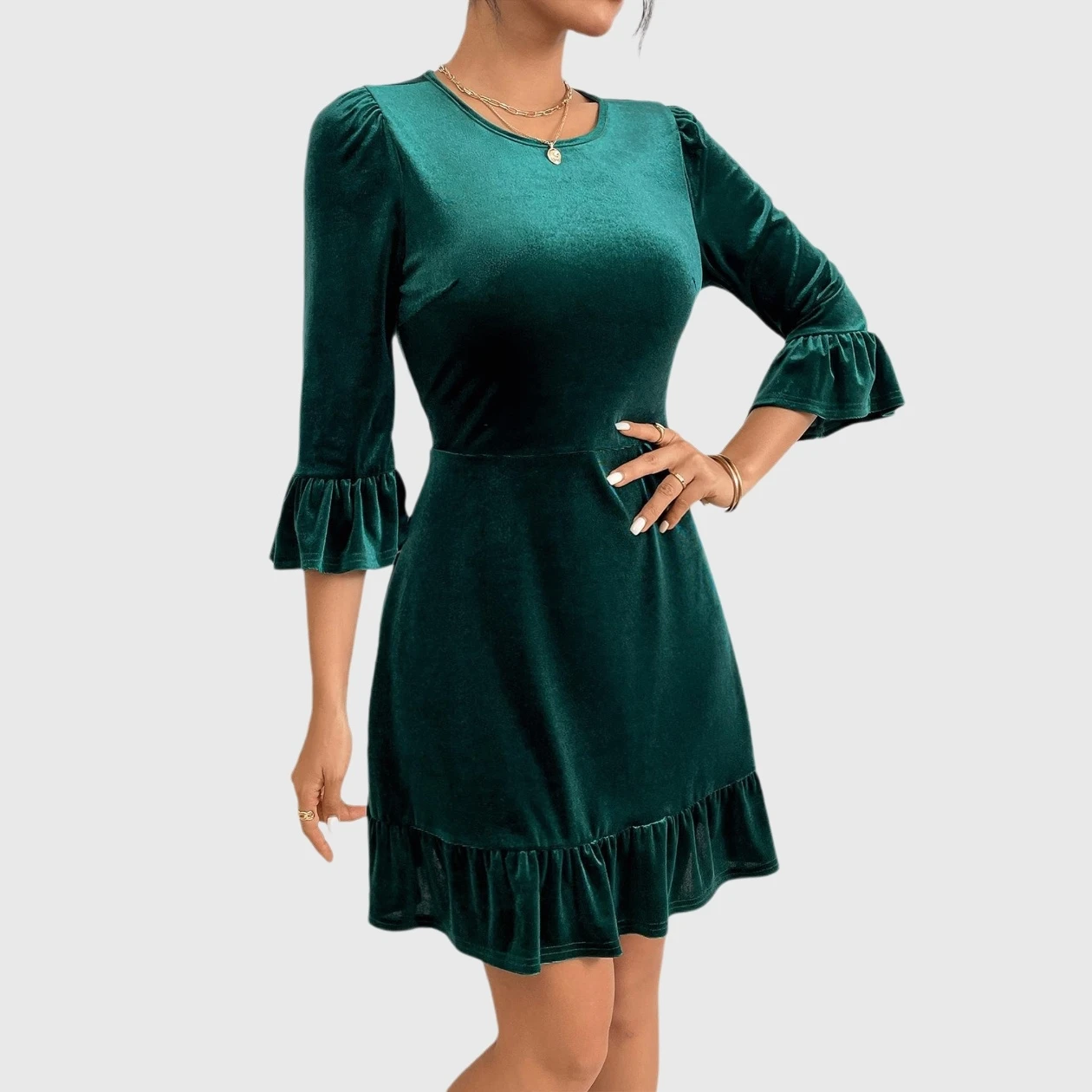 YesFashion Women's Ruffle Sleeve Velvet Midi Dresses Casual Christmas Cocktail Party Work Dress