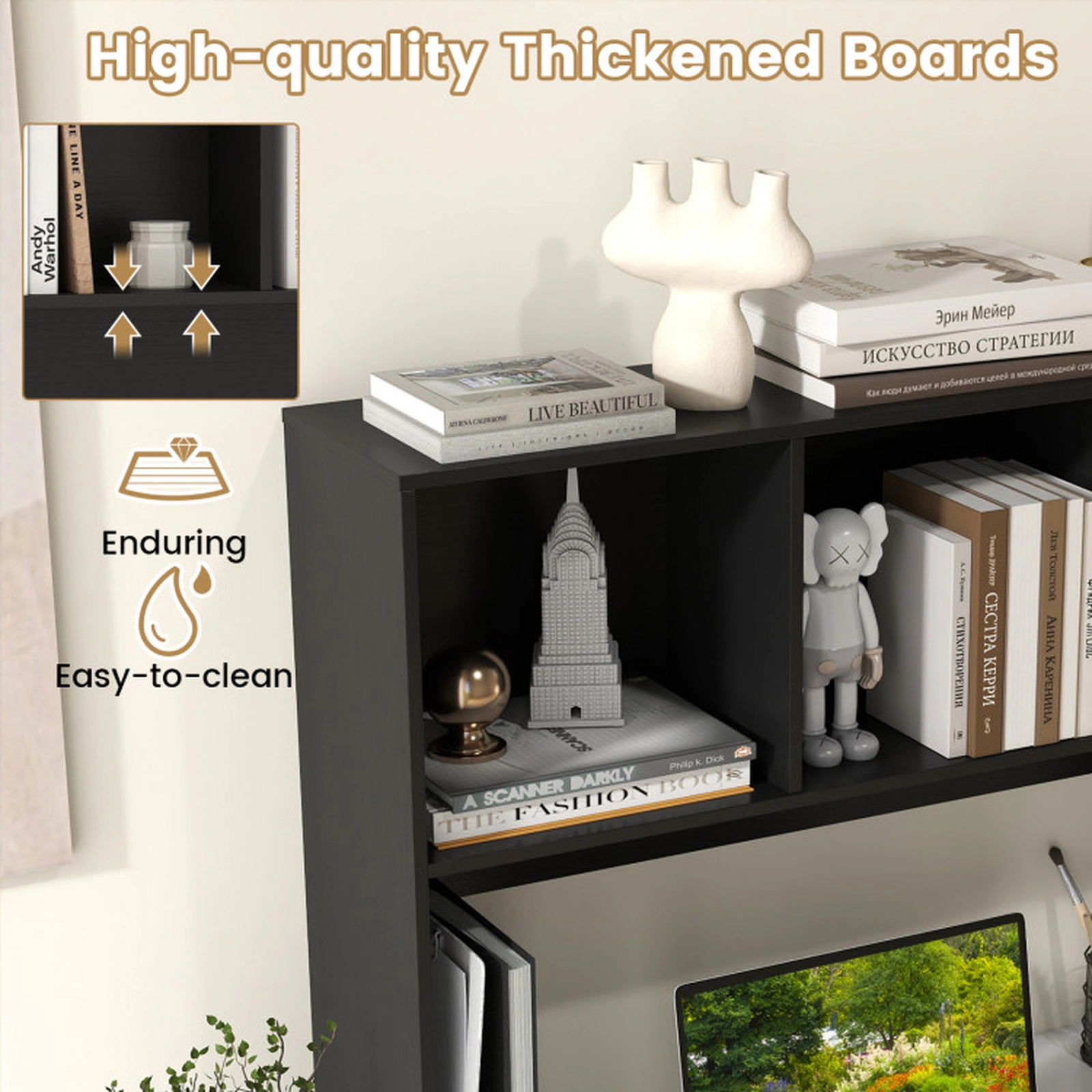 SUGIFT 4-Cubby Natural Desktop Bookshelf Hutch with Open Back Bay 37-in W 29-in H 145-lb Total Capacity