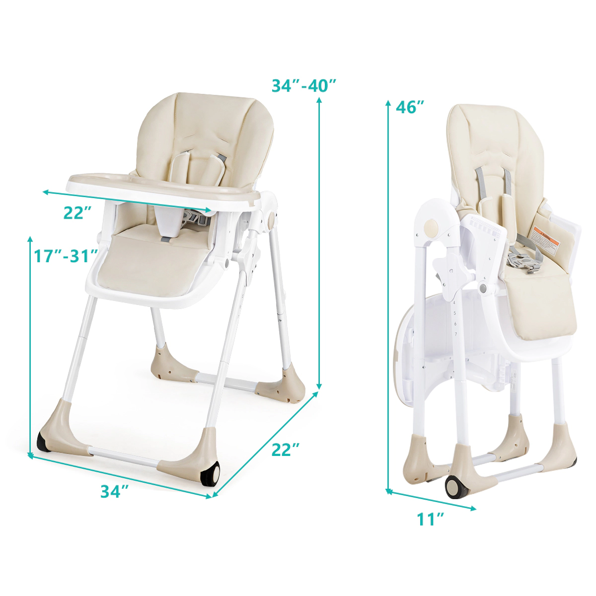 SUGIFT 7 Seat Heights and Reclining Backrest 3-in-1 Convertible Baby High Chair