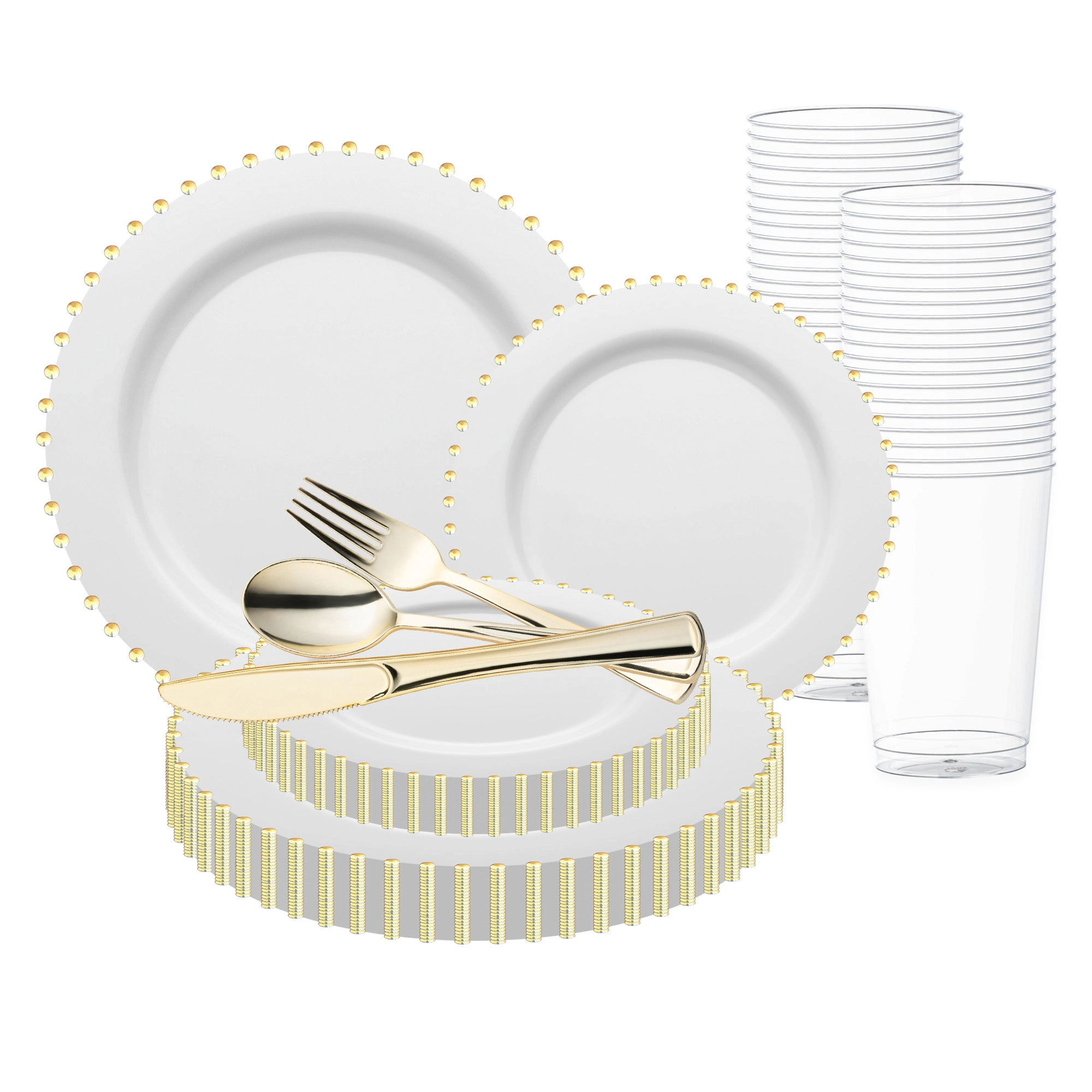 Smarty Had A Party White with Gold Pearl String Round Disposable Plastic Wedding Value Set
