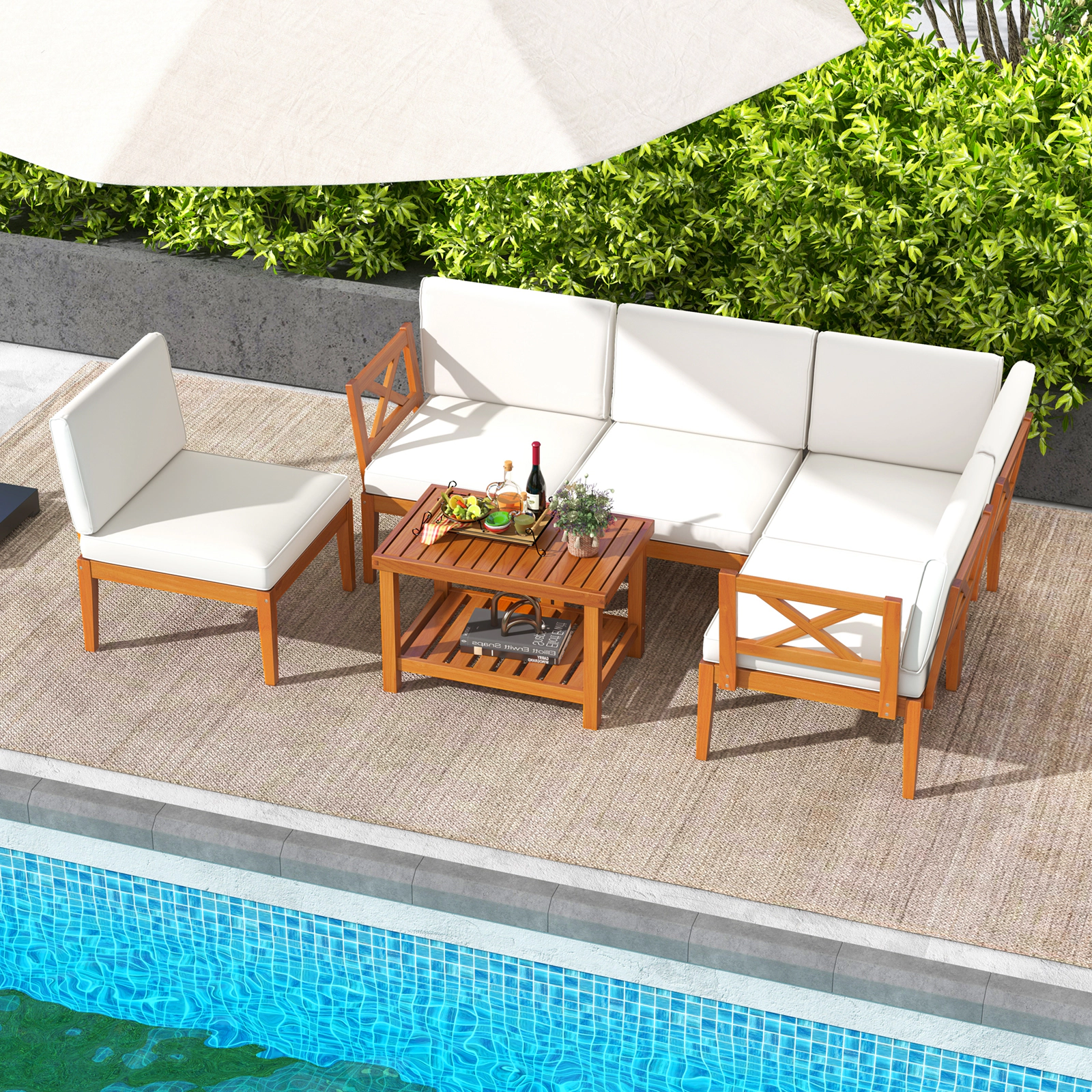 SUGIFT 6-Piece White Acacia Wood Outdoor Sectional Sofa Set with 2-Tier Coffee Table