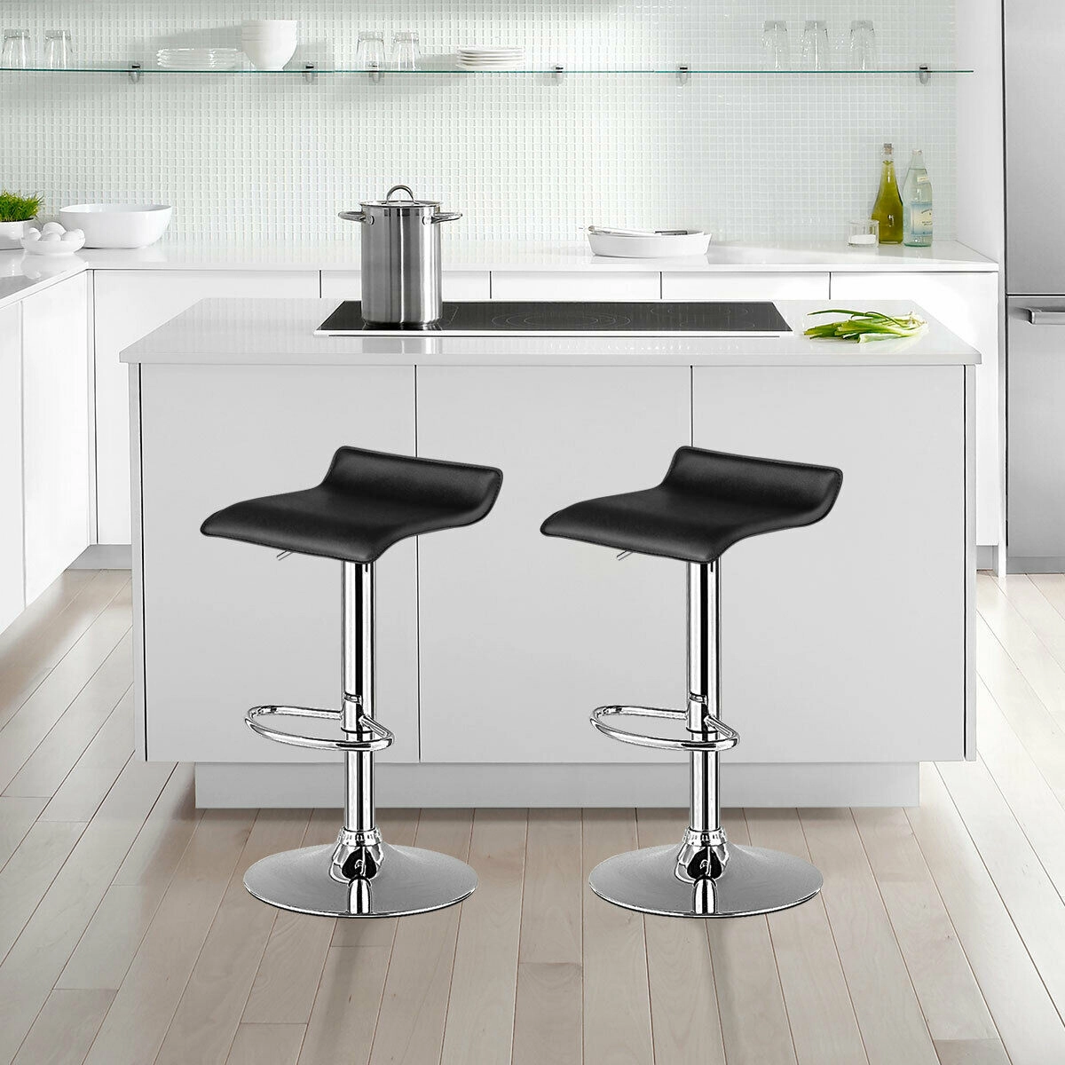 SUGIFT Set of 2 Black Adjustable Backless Swivel Bar Stools, 25-33 in, PU Leather, Chrome Base