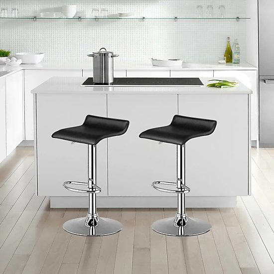 SUGIFT Set of 2 Black Adjustable Backless Swivel Bar Stools, 25-33 in, PU Leather, Chrome Base