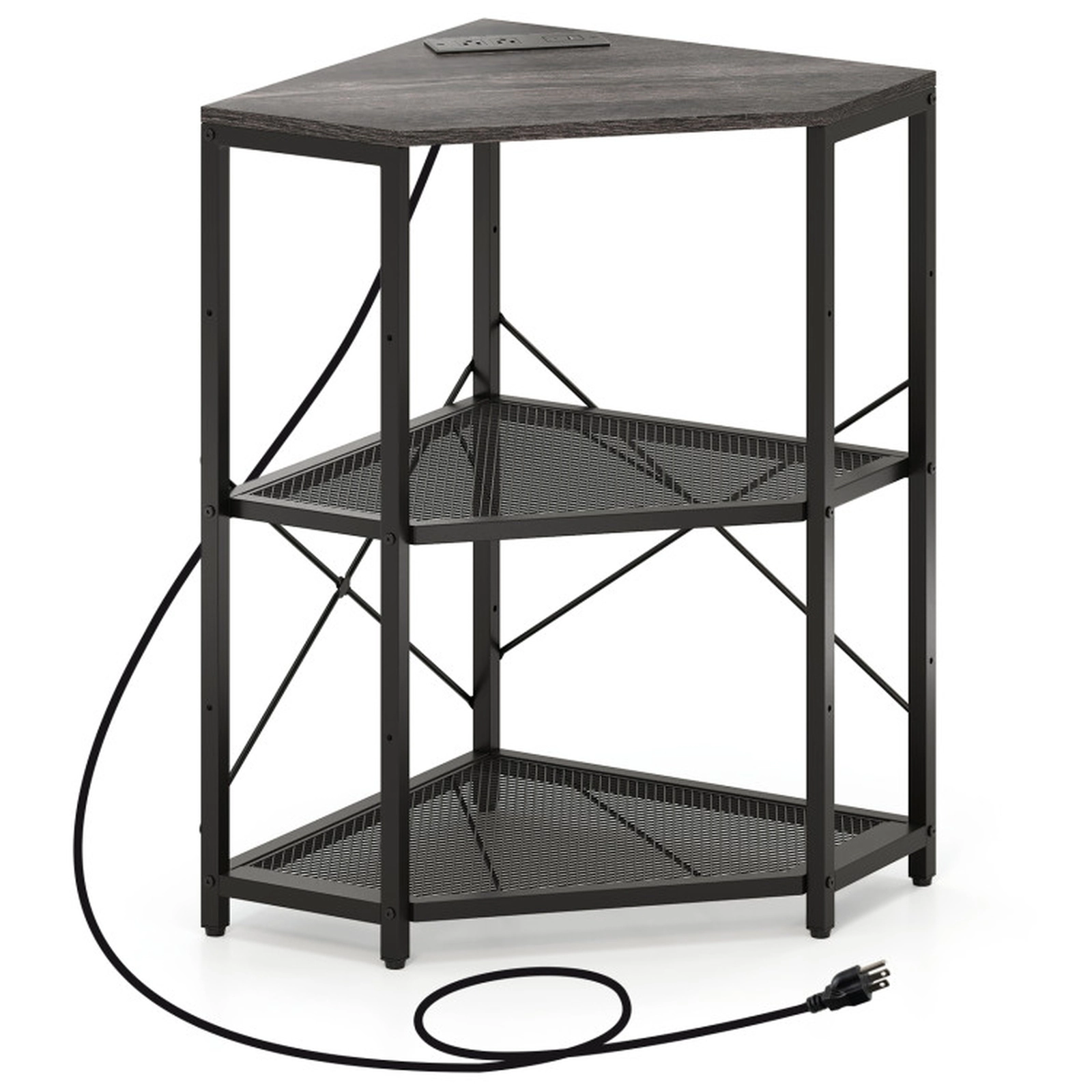 SUGIFT 3-Tier 2 AC Outlets Adjustable Middle Shelf Corner Printer Stand 20-in x 20-in x 31-in 45-lb Capacity Black