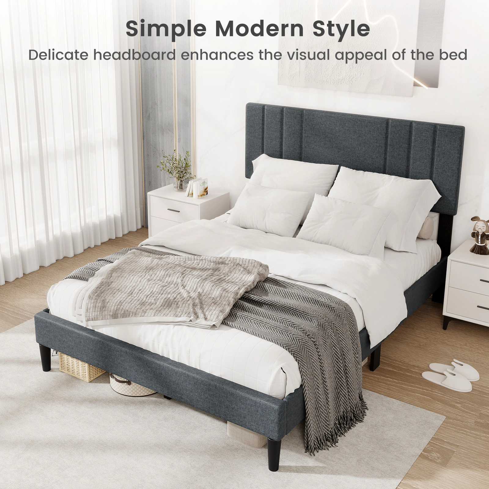 SUGIFT Gray Vertical Channel Tufted Headboard Upholstered Platform Bed