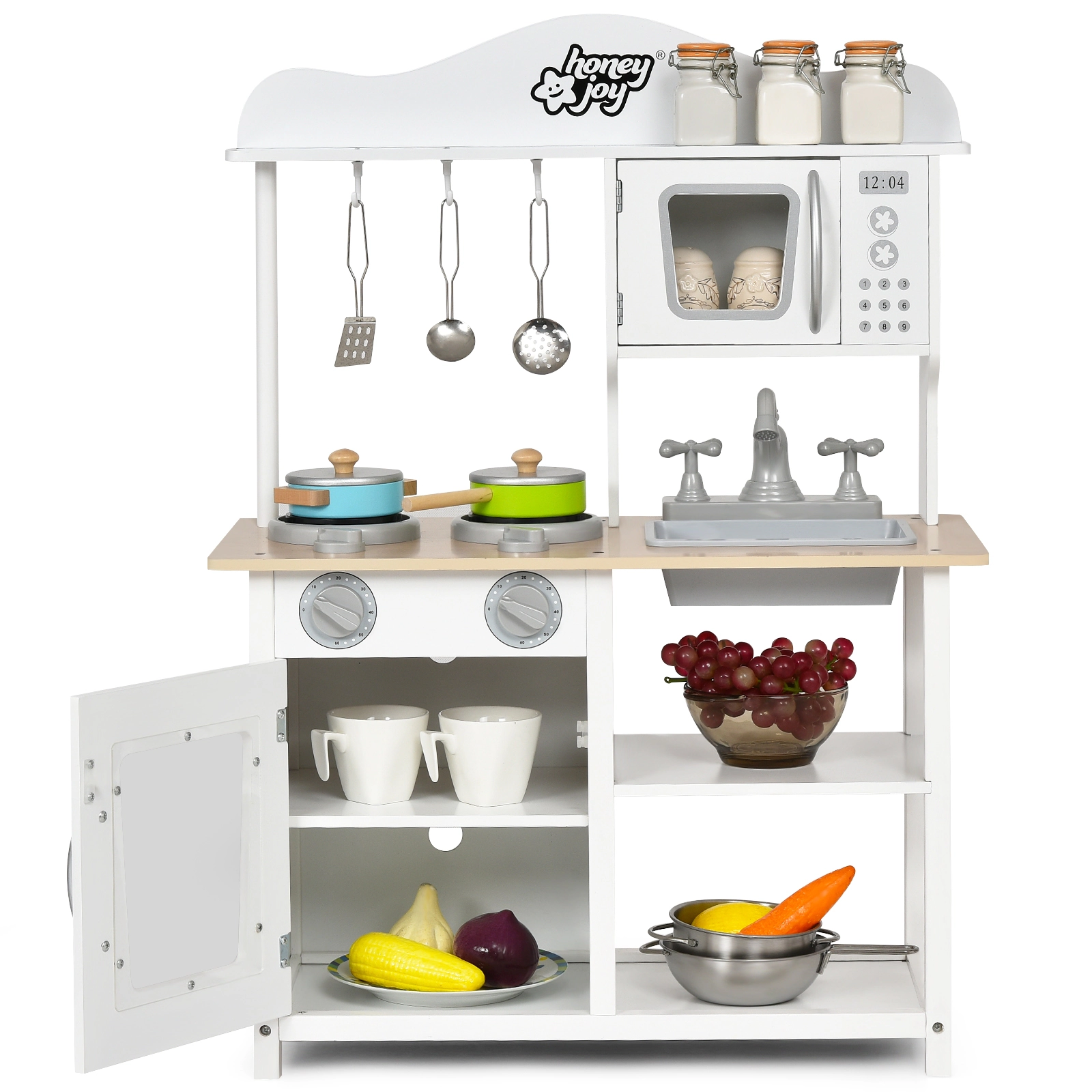 LJG Wooden Pretend Play Kitchen Set for Kids with Accessories and Sink