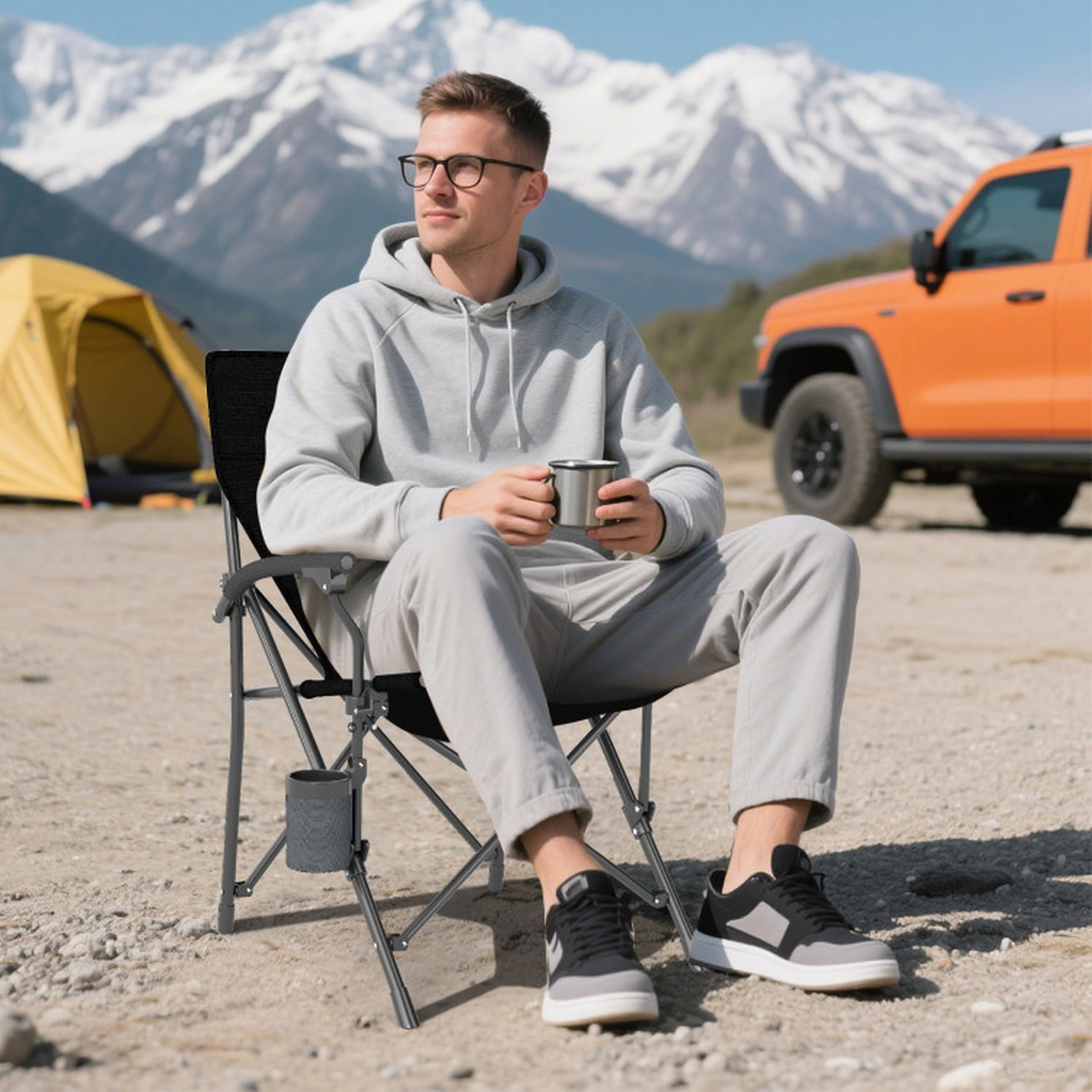 SUGIFT Gray Oxford Cloth Folding Camping Chair with Cup Holder and Carry Bag 23.5-in W 25-in D 350-lb Seat Capacity