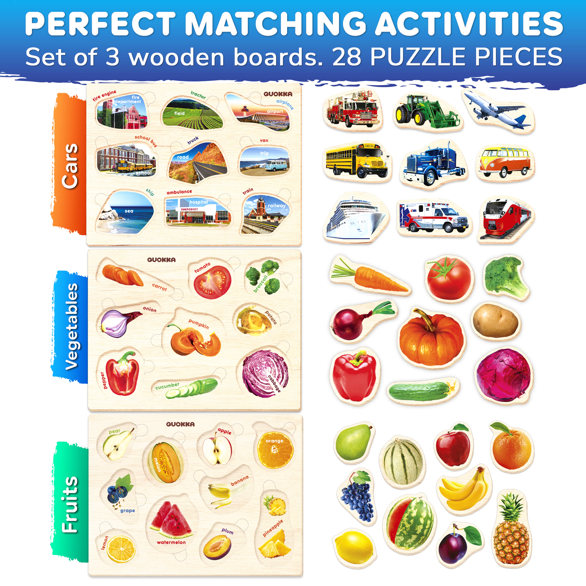 QUOKKA Wooden Puzzle Set for Toddlers Ages 1–3, 3-Pack Puzzles with Animal & Shape Themes