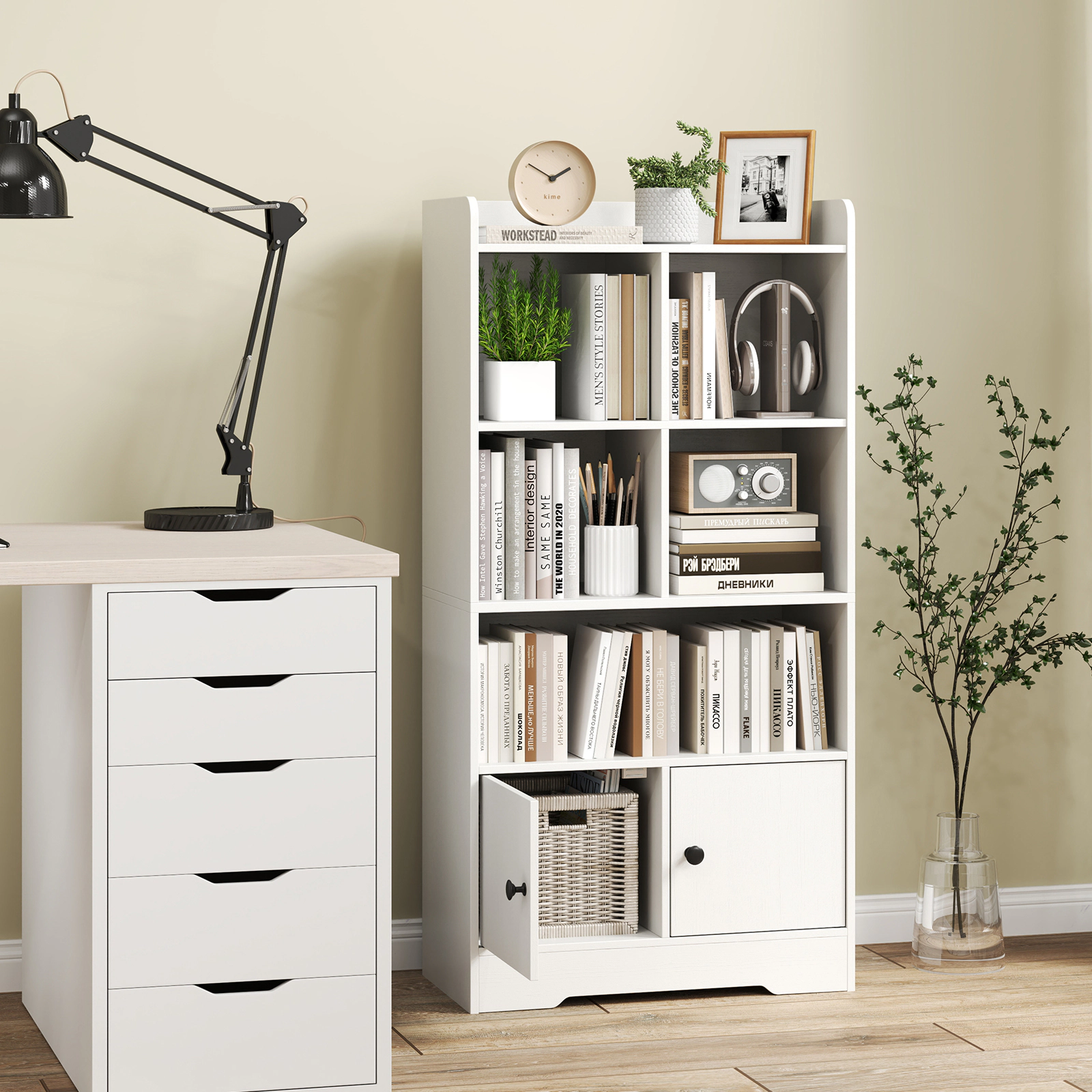 SUGIFT 4-Tier Engineered Wood Bookshelf with 4 Cube Display Shelf and 2-Door Cabinet 44-lb Top Layer Capacity White