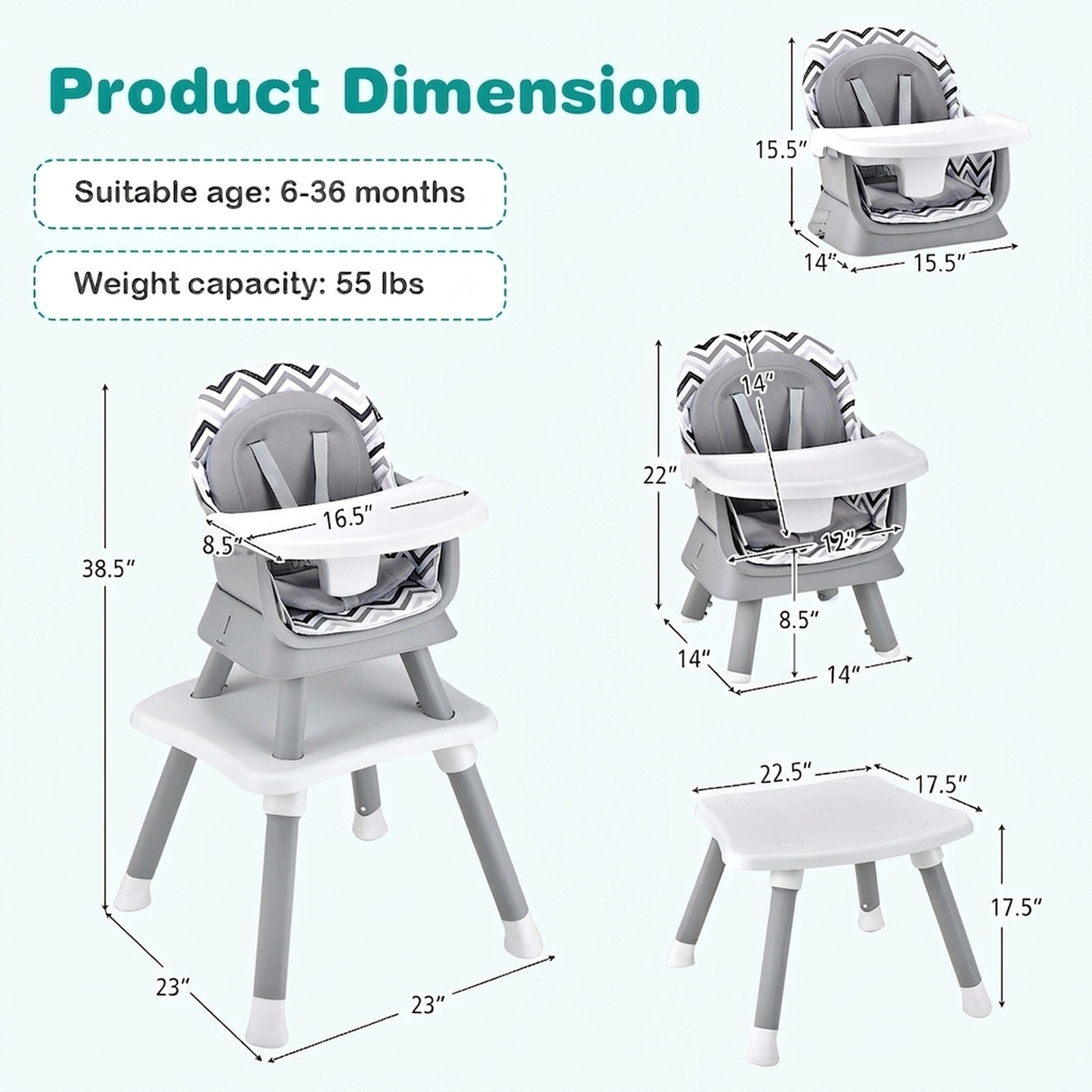 6-in-1 Baby Highchair 3-Position Adjustable Tray Two-Sided Kids Table and Chair Set 6 to 36 Months Gray and White