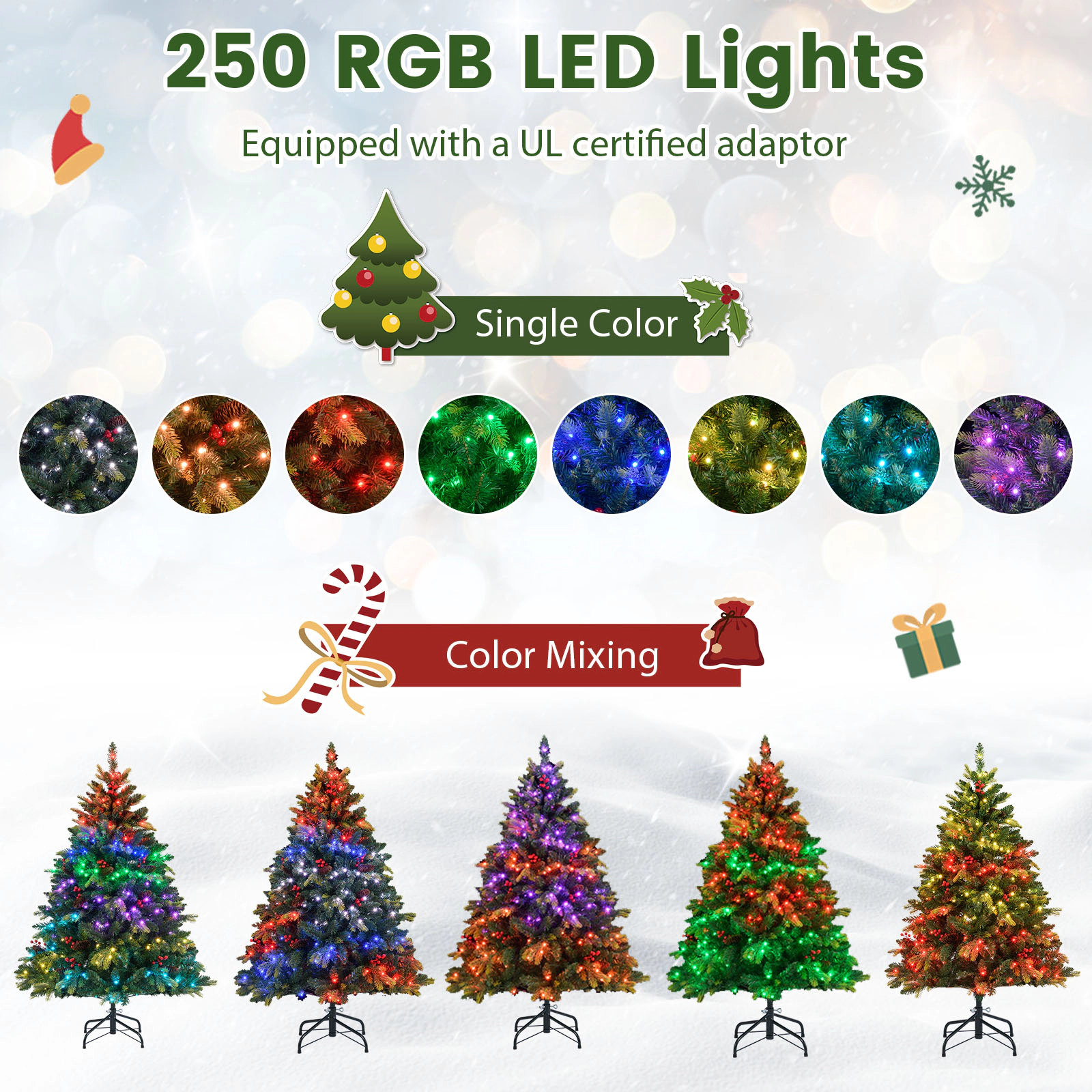 Costway 5/6/7/8 FT Artificial Christmas Tree with 250/370/500/650 RGB LED Lights 584/1054/1436/1936 Branch Tips