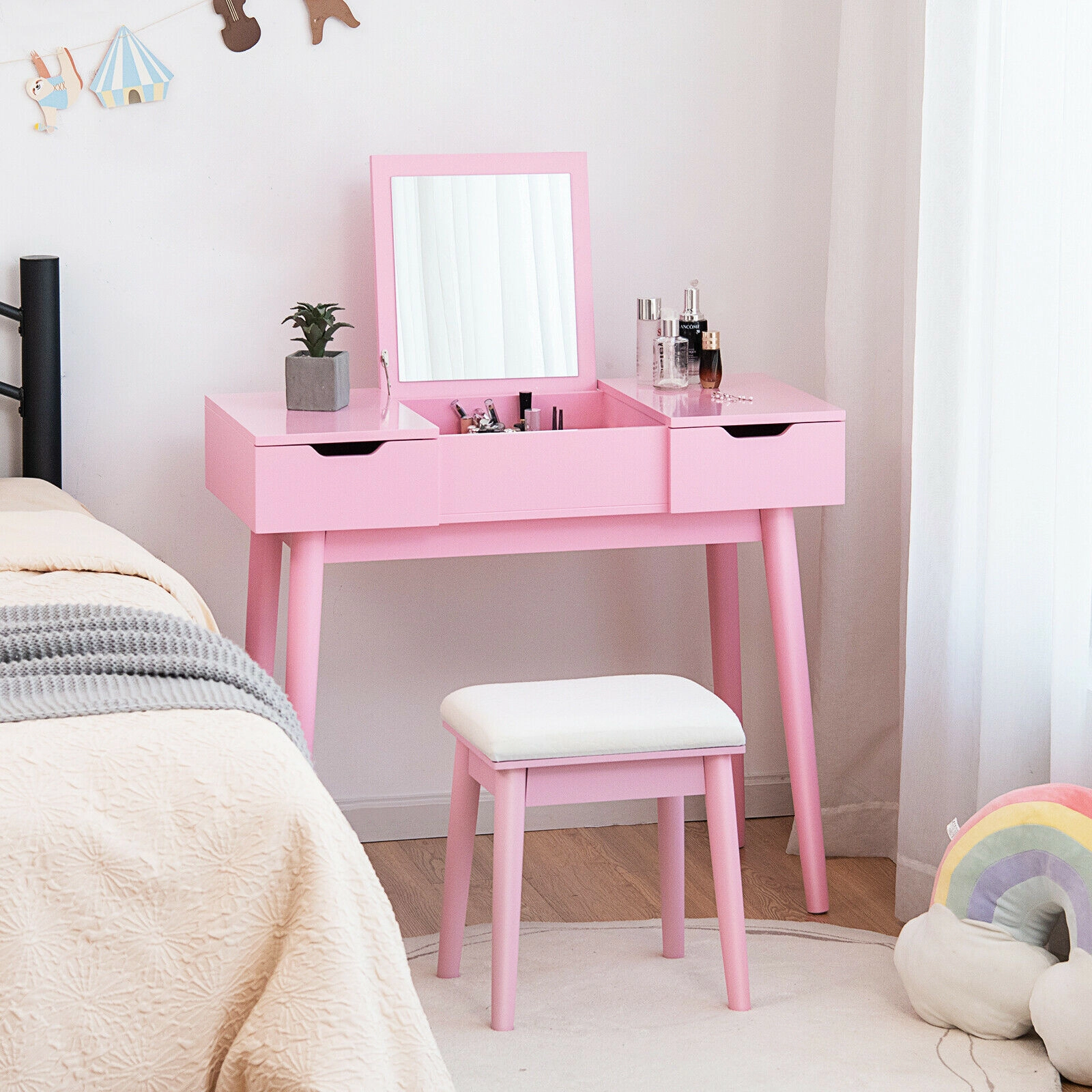 LJG Makeup Vanity Table Set with Flip Top Mirror and 2 Drawers