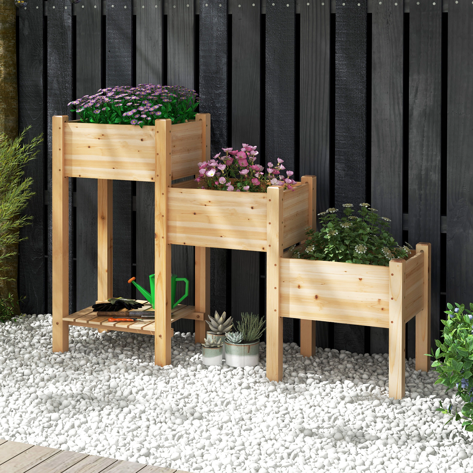 SlickBlue 3-Tier Wooden Planter with Bottom Storage Shelf