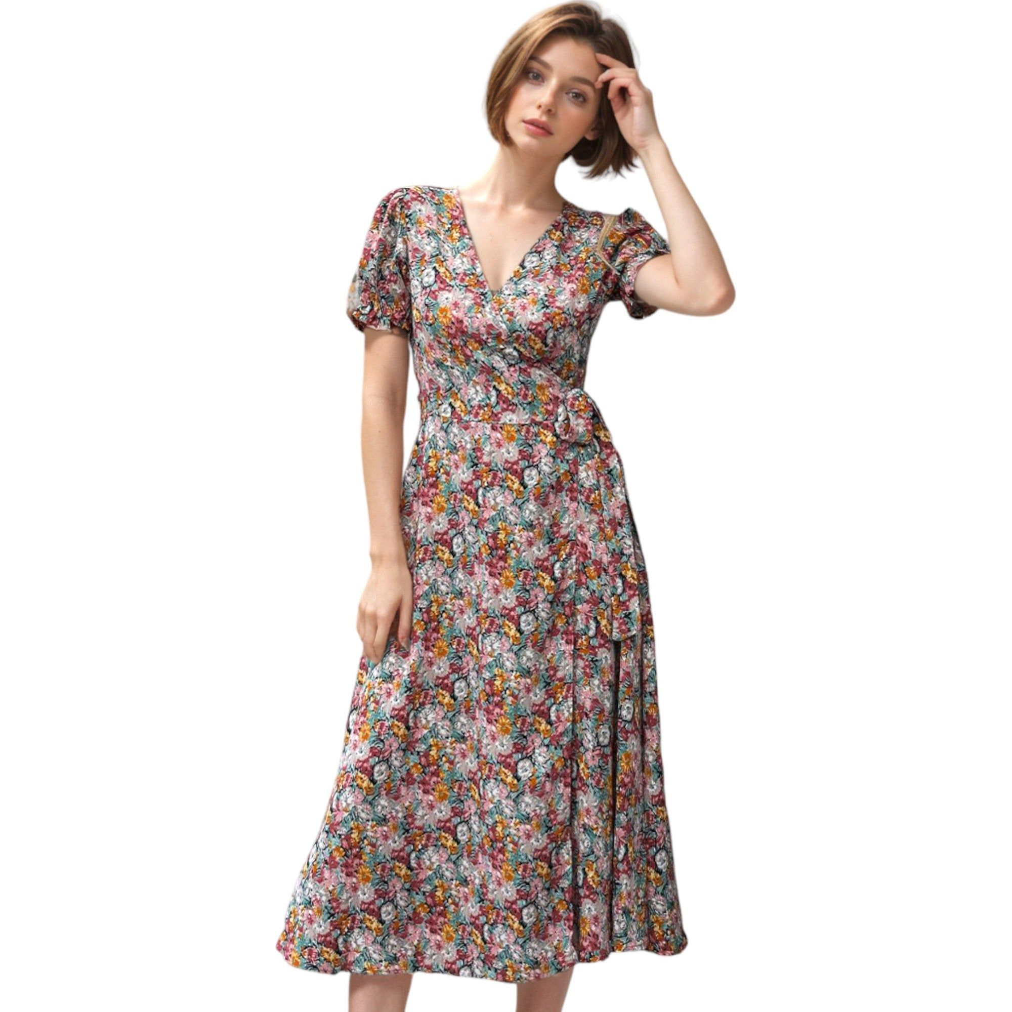 Anna-Kaci Surplice V-Neck Floral Midi Dress with Puff Sleeves