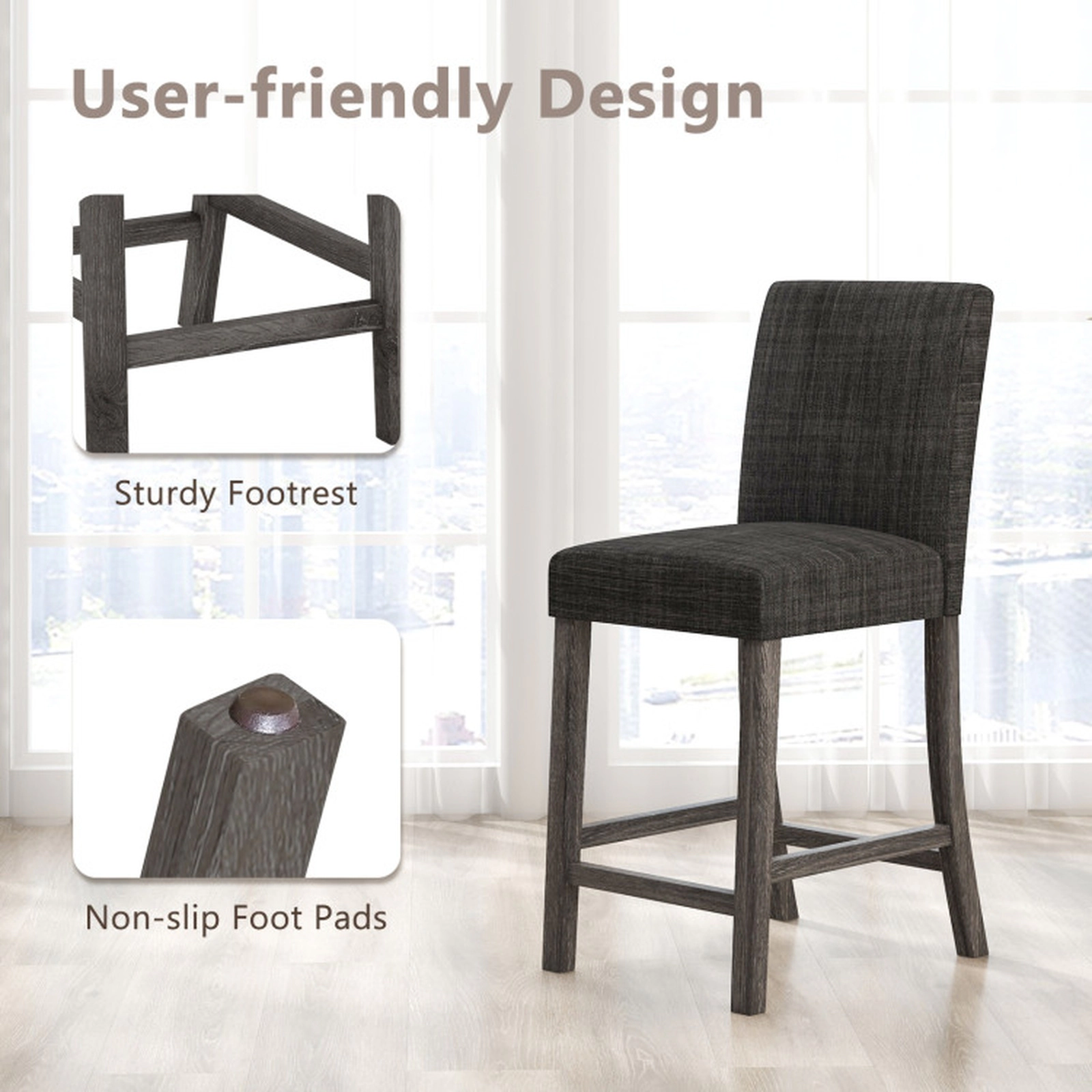 SUGIFT Counter Height Upholstered Bar Stools Set of 2 with Back and Footrest 350-lb Capacity Gray Beige