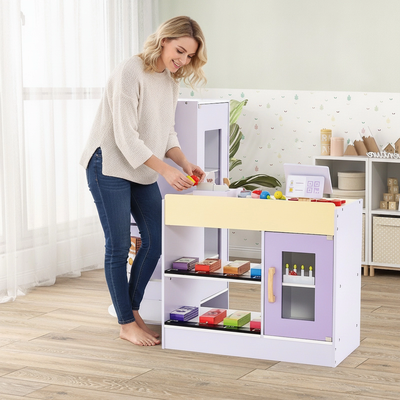 Kids Wooden Supermarket Playset Vending Machine Cash Register 13-pc Accessories 35-in Grocery Store Ages 3-8