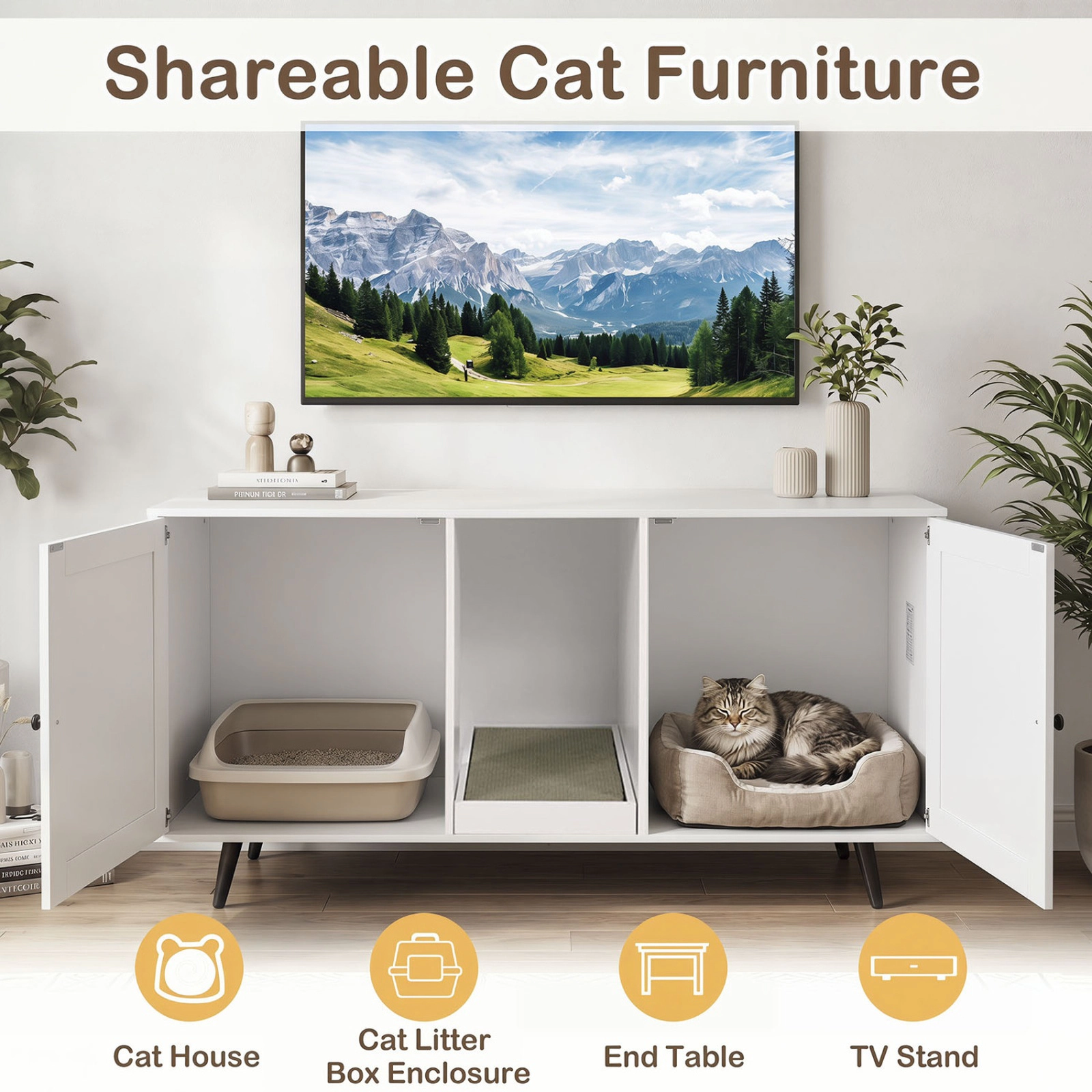 SUGIFT Double Cat Litter Box Enclosure for 2 Cats with Double Rooms and Scratching Pad 110-lb Tabletop Capacity